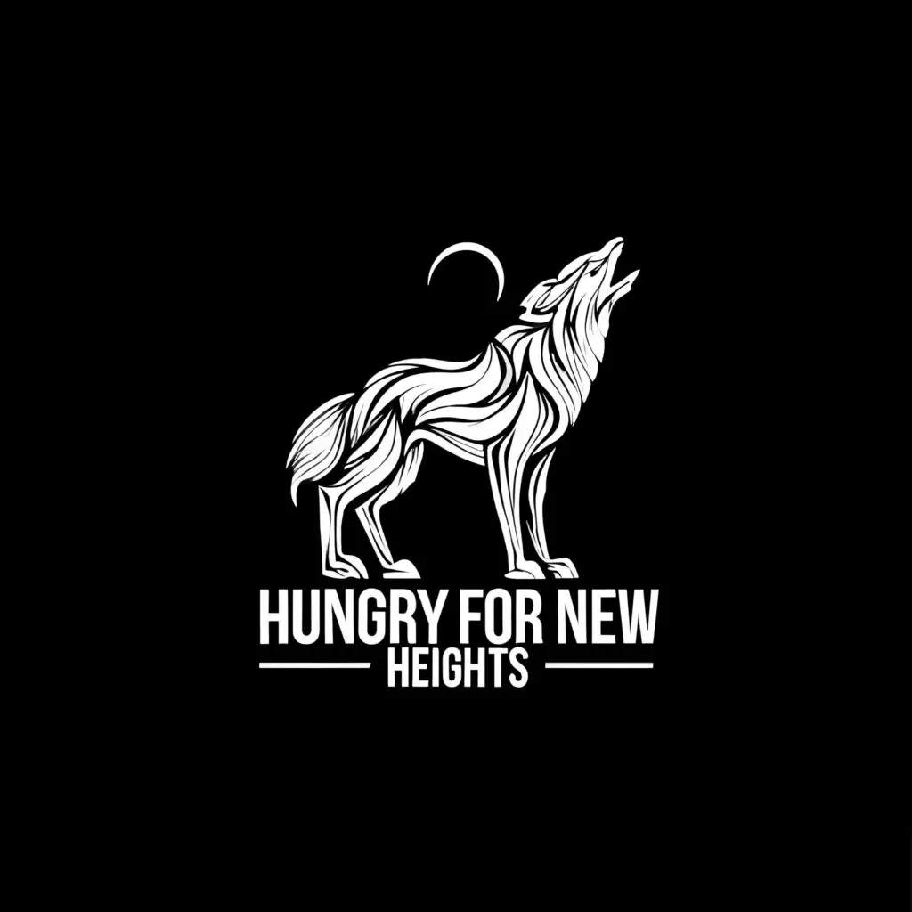 logo, abstract wicked wolf looks up brutal street effect of the silhouette lines in black and white in a minimalist style, with the text "Hungry for new heights", typography, be used in Entertainment industry