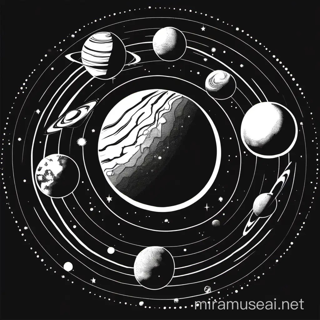 A simple 2d vector graphic drawing of several planets with a sun in the center black background