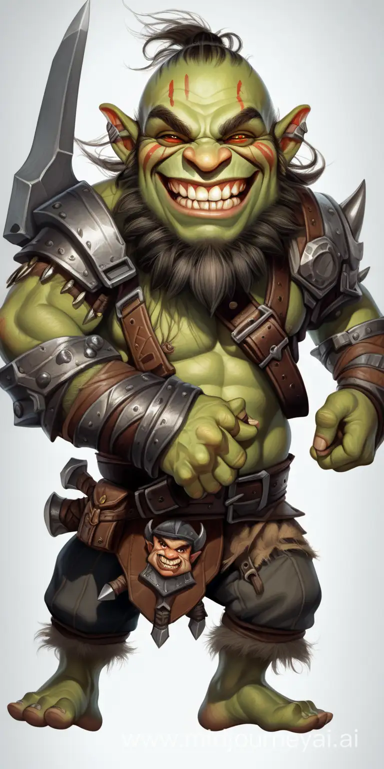 a jumping dwarf orc that is smiling with big teeth with weapons 