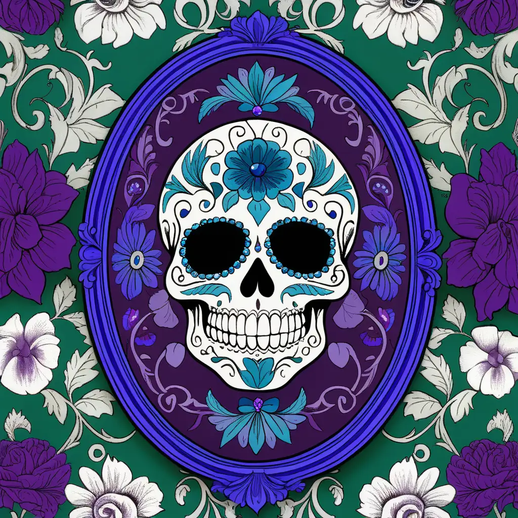 a drawing of a sugar skull in a floral cameo, on a pattern. jewel tones- royal blue, emerald green, and purple accents.