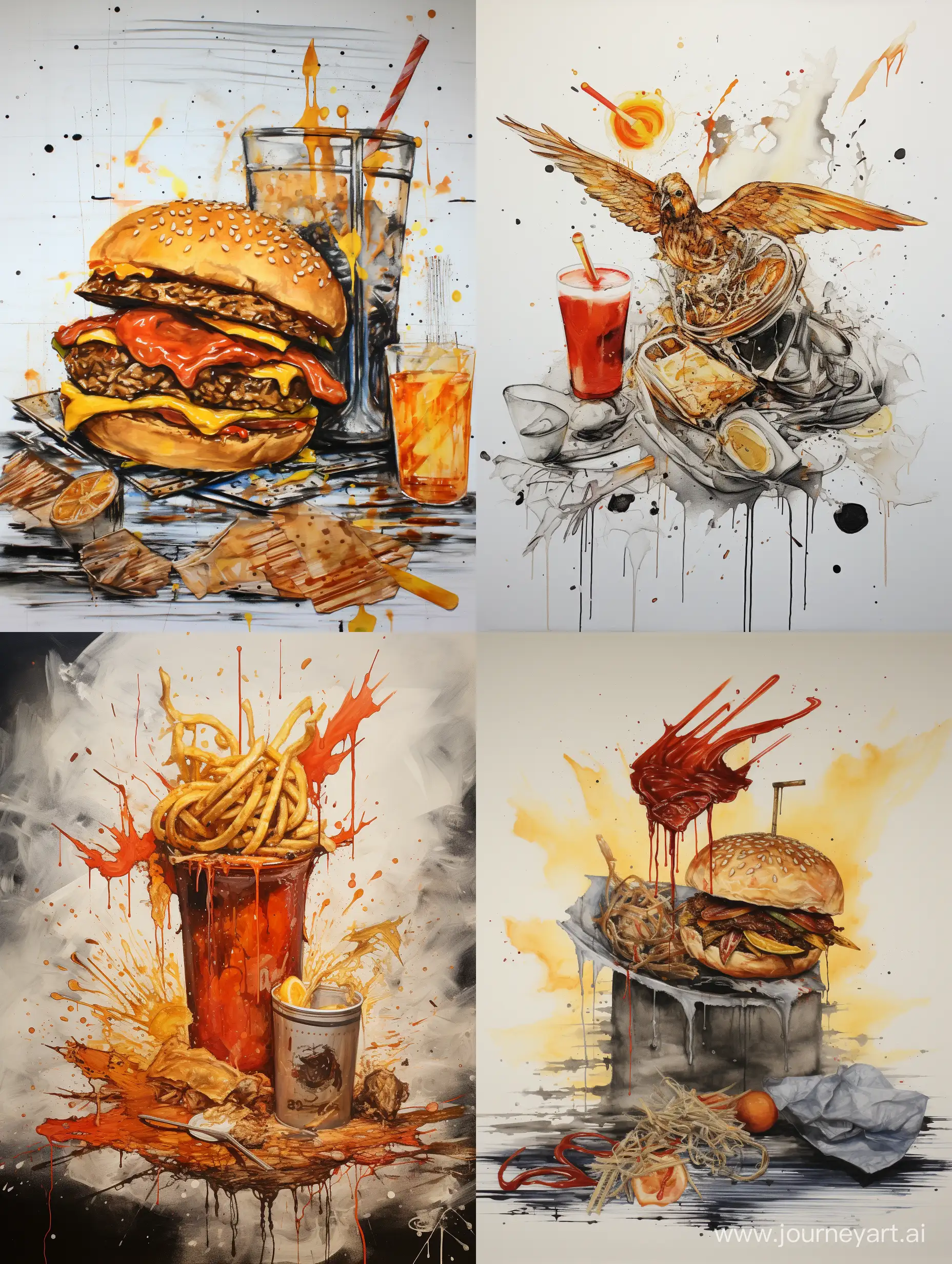 unfinished half-eaten burger, one whiskey tumbler, pages of a manuscript, cigarette butts::1, ashes, mustard spilled, ketchup smeared, fries::2 on a side, bird's eye view, no background, Ralph Steadman's style in ink, erratic, --no faces, --no wine