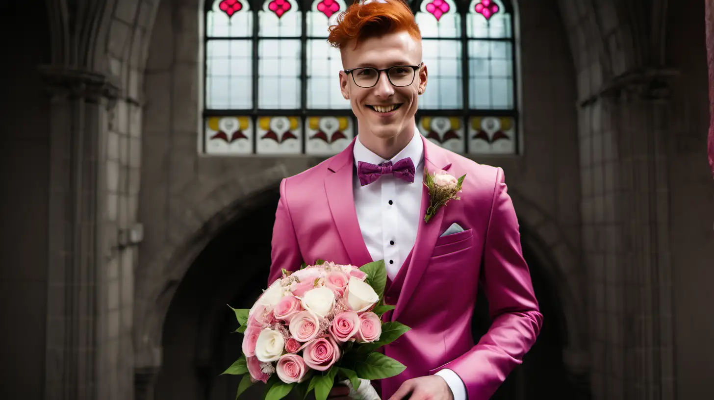 Handsome gay bridegroom  redhead short hair stubbles glasses pink suit stained glass full body shot smiling at the viewer holding bridal bouquet 