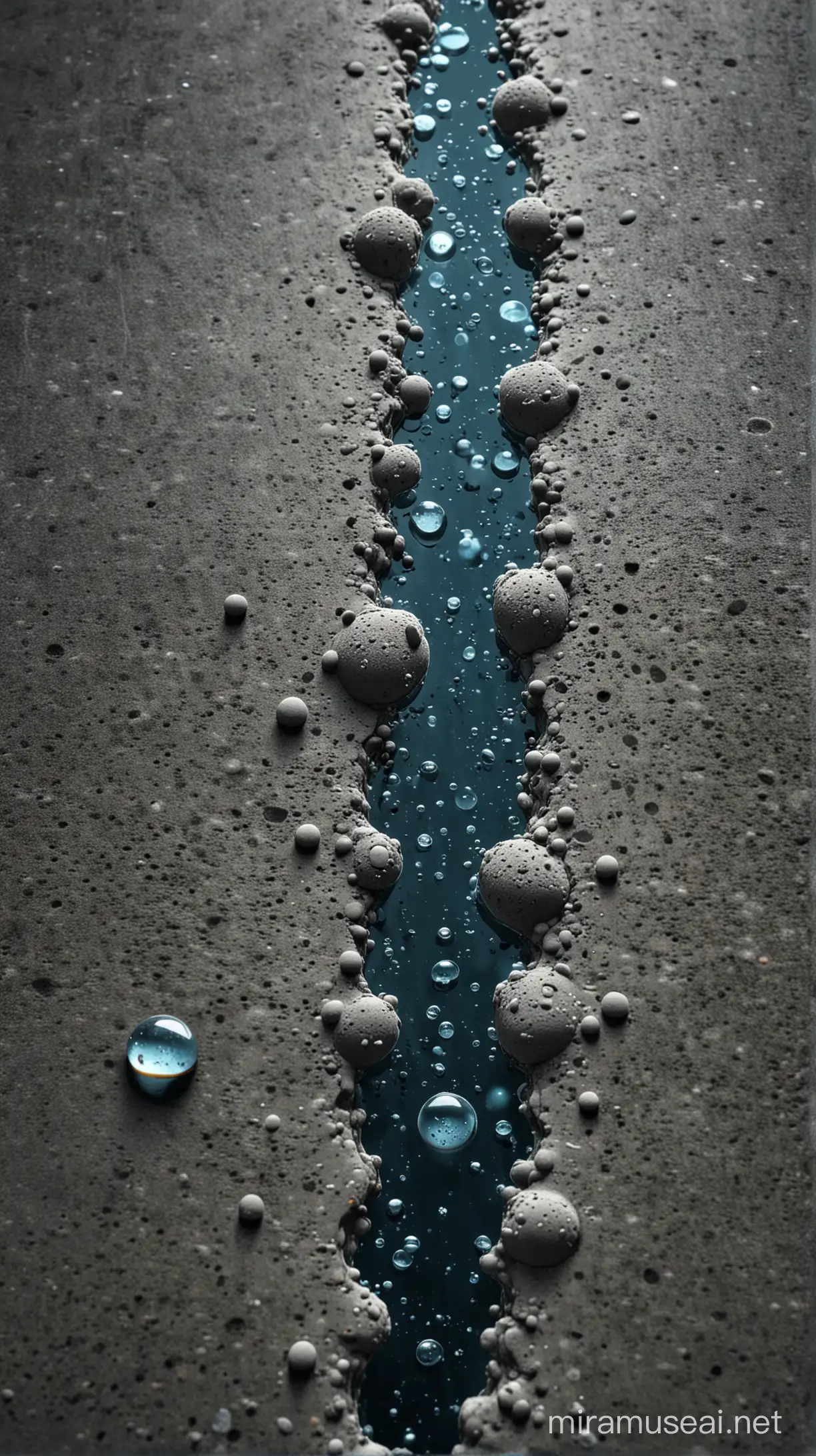"Illustration of microscopic bacteria, stylized and glowing, awakening within the crevices of concrete as water droplets make contact."