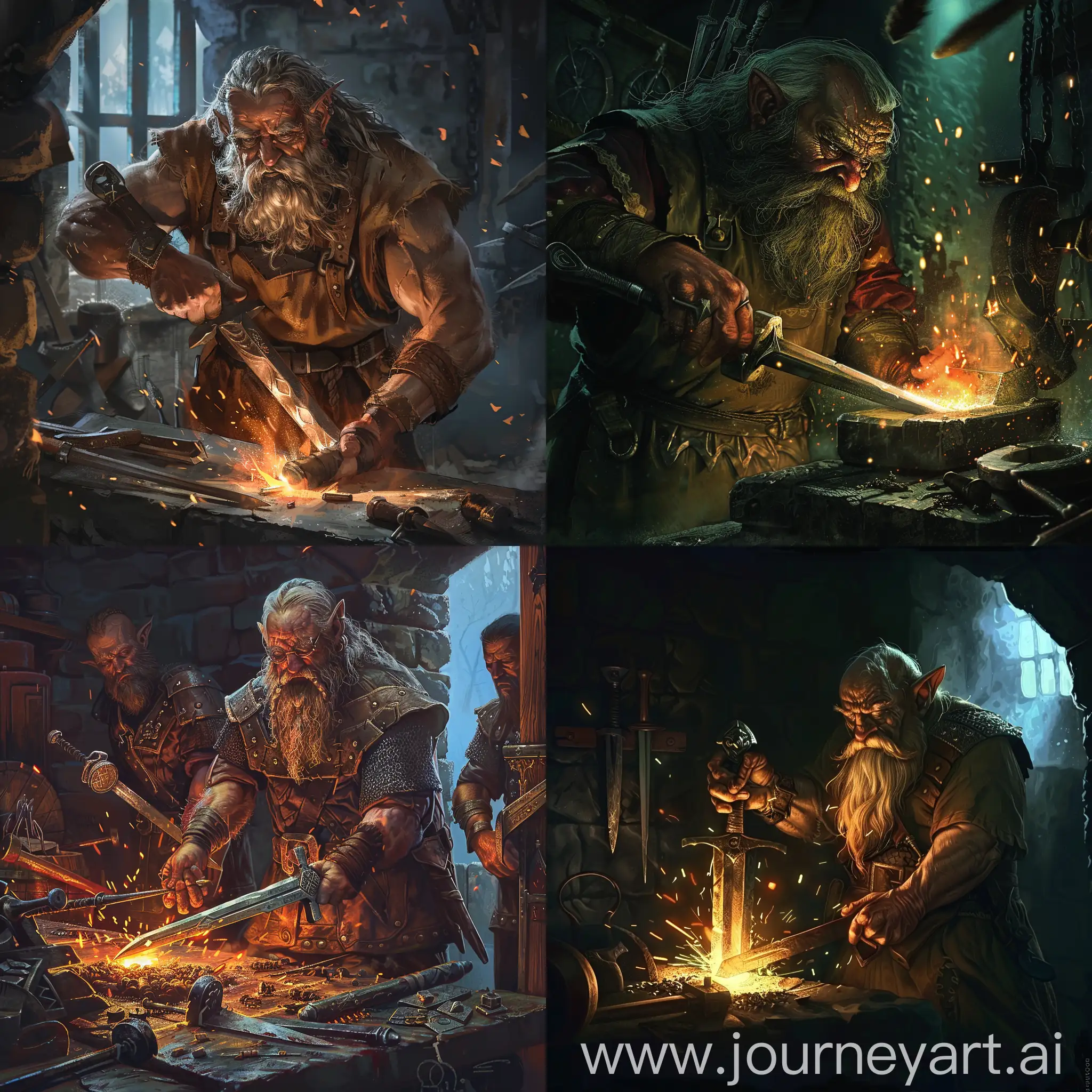 there is a blacksmith making a sword.blacksmith is dwarf.dnd dark fantasy theme