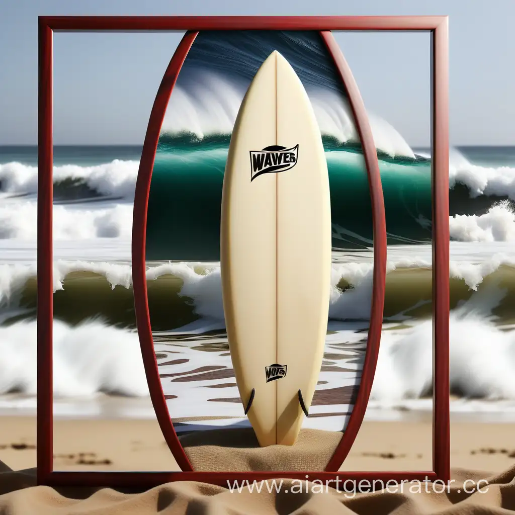 Surfboard-Displayed-in-Oversized-Frame-Amidst-Rolling-Waves
