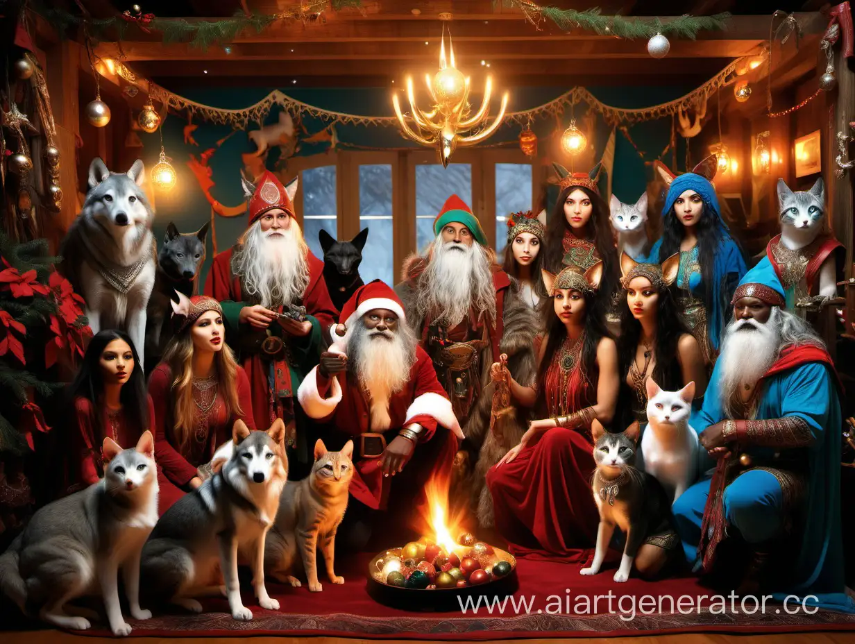 European, Central Asian, Far Eastern, Middle Eastern , Indian and African   male elves and female fairies and Shamans celebrating Pagan Winter Solstice with Odin, Freya, Santa Claus, Goddess Danu  and  Goddess Brighid, Ishtar, Aphrodite, Krishna, children, wolves, cats, dogs   and foxes  in a decorated, festive hall. 