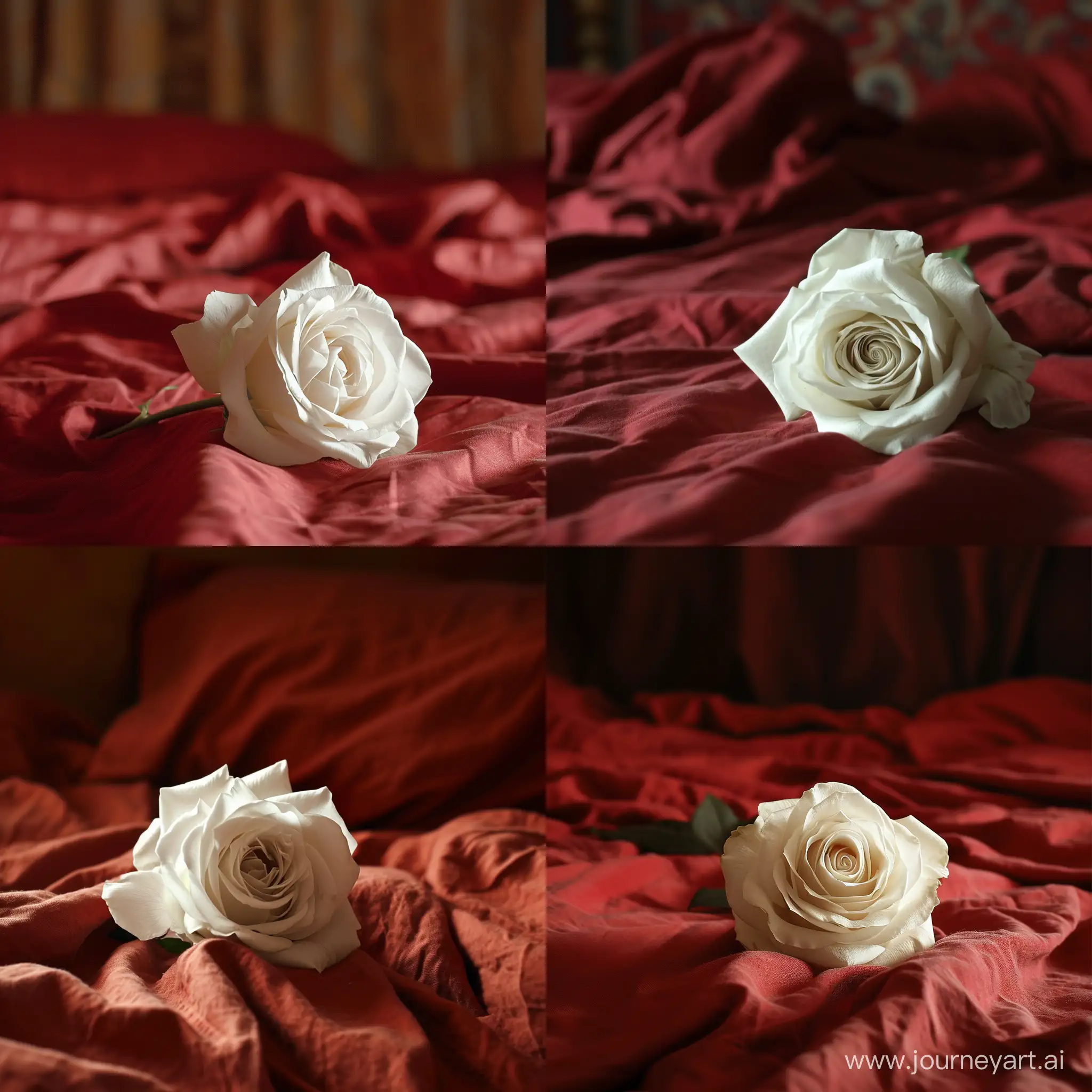 a white rose on the background of a bed made with red linen