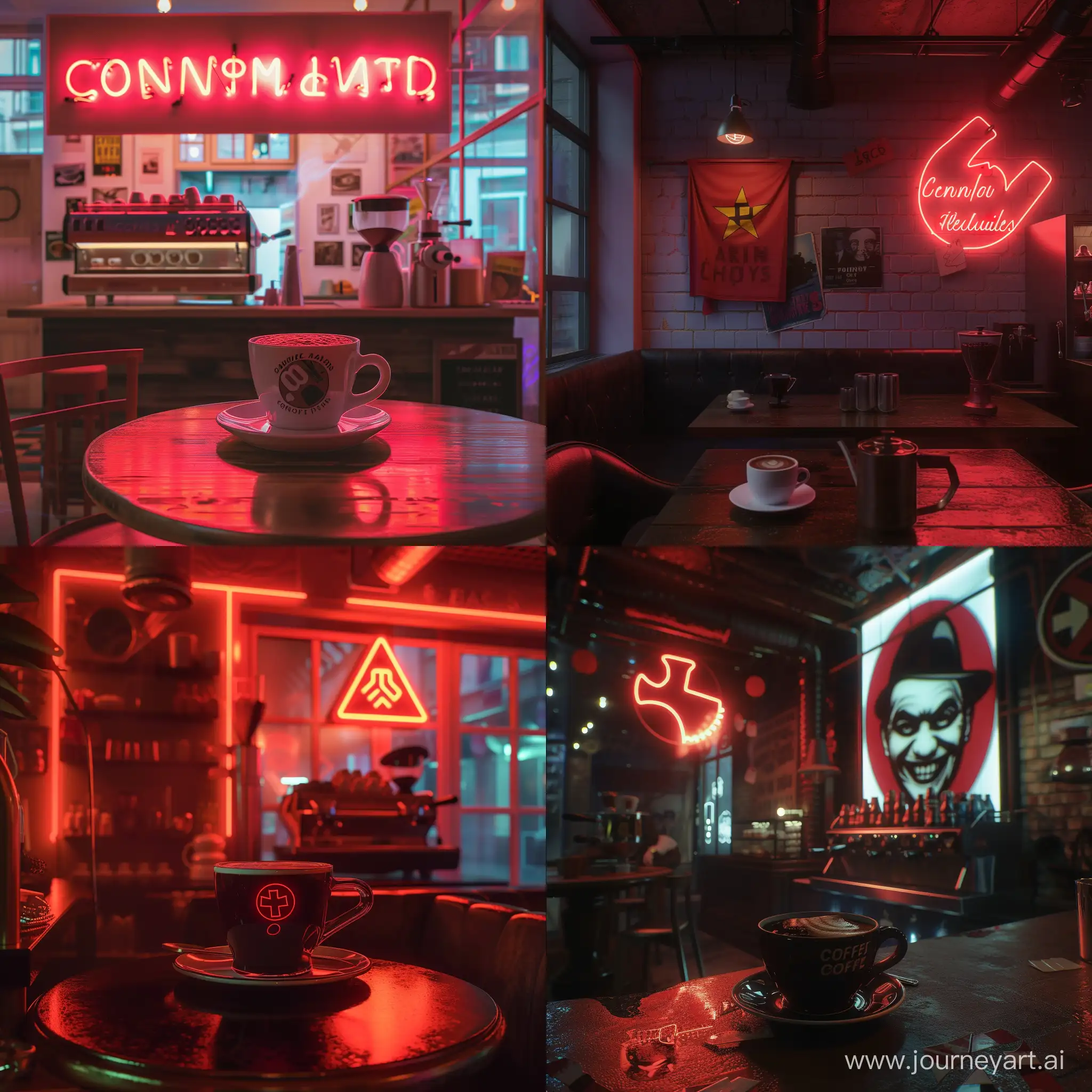 communism-nazi dream coffee shop, neon, propaganda, feeling of joy and depression, 8k, 44mm, real photo, realism, smile with coffee