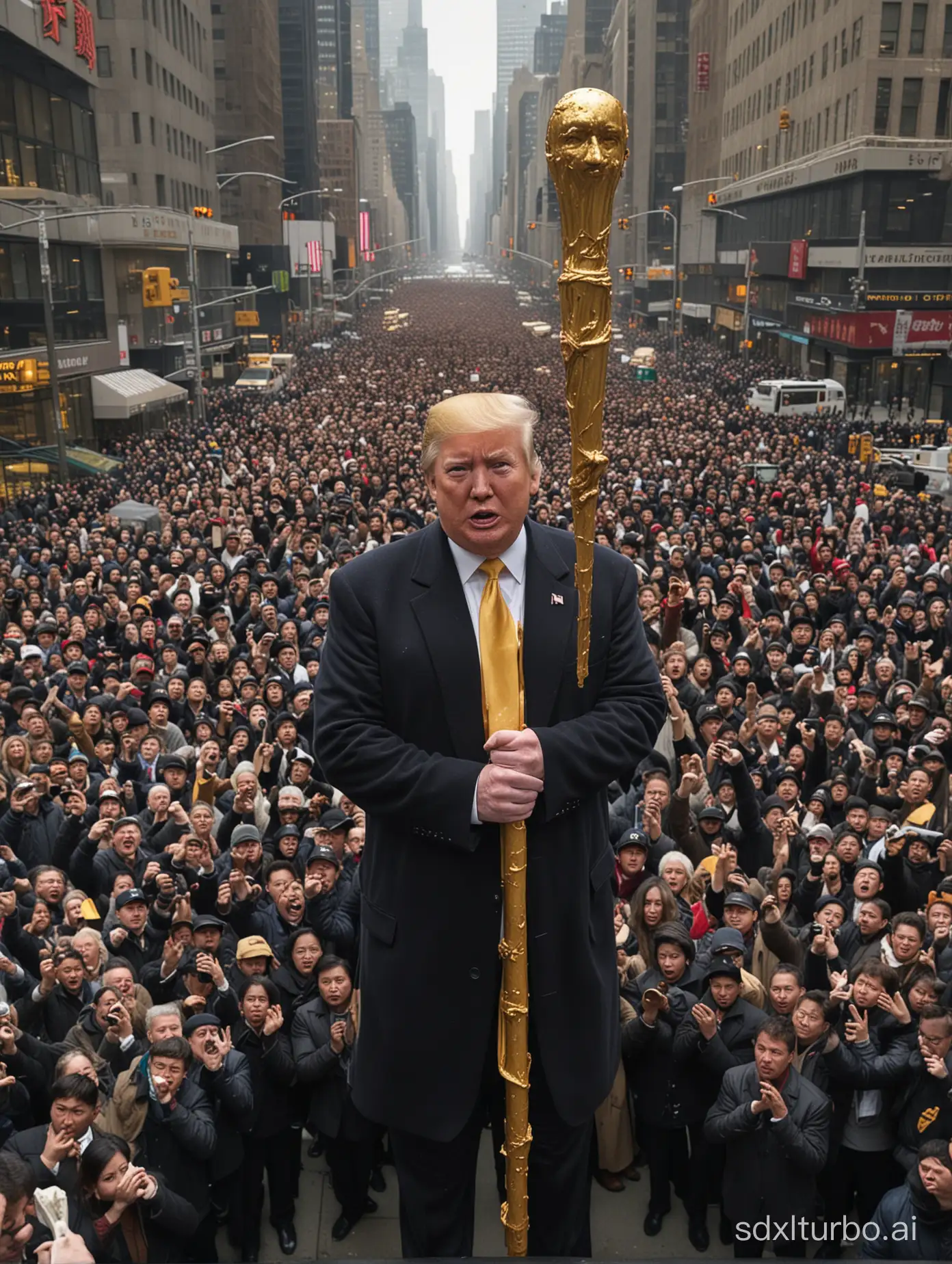 鼻青臉腫的特朗普，身高二十丈，手持十萬八千斤重的金箍棒，站在紐約上空，低頭看著城市中慌亂的人群
