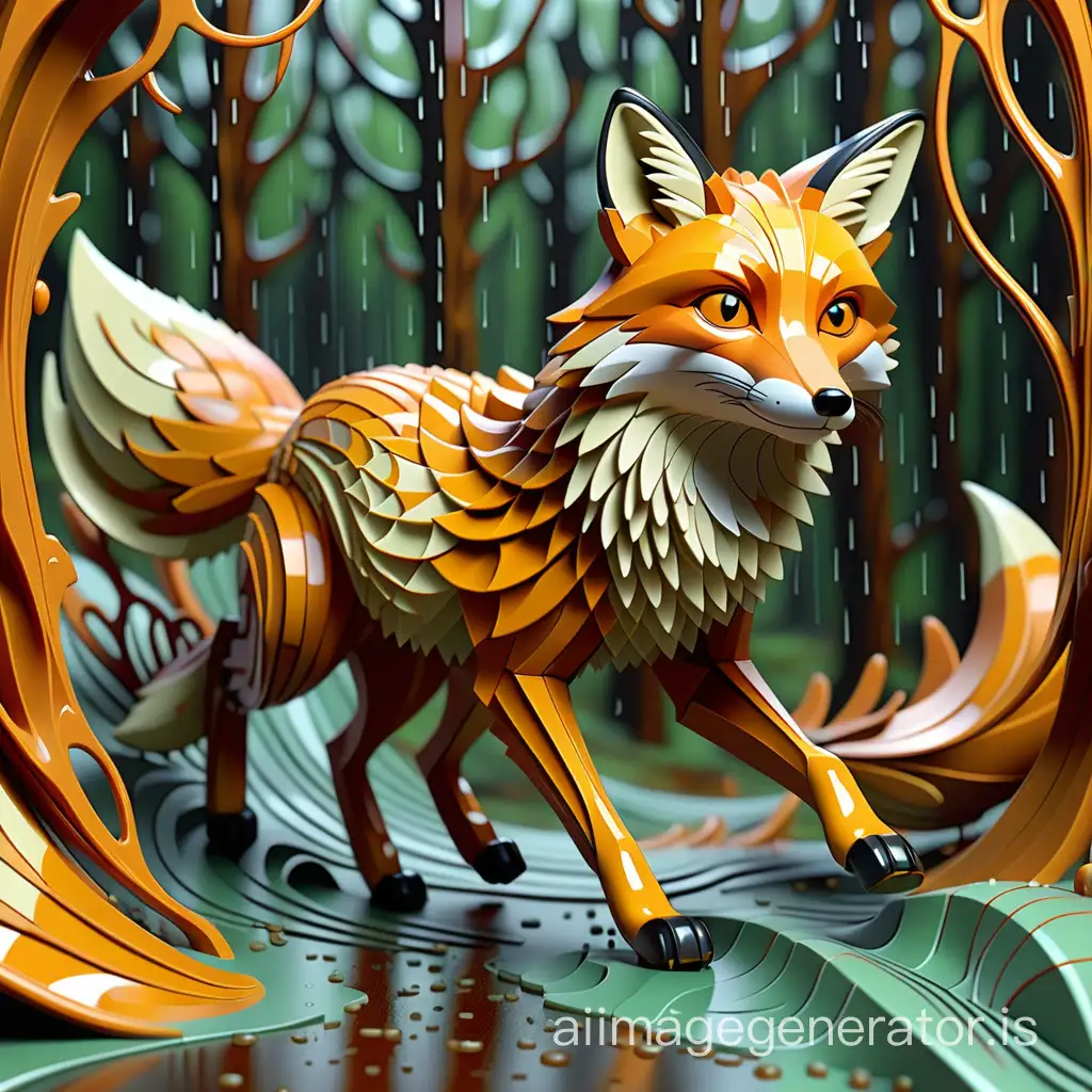 a beautiful fox runs through this rainy forest, mysterious, exaggerated, spirographic drawings, complex, three-dimensional, delicate and honey shades, reflective, isometric, wax-metal abstract vector fractals, wave function, zentangle, 3D hatching