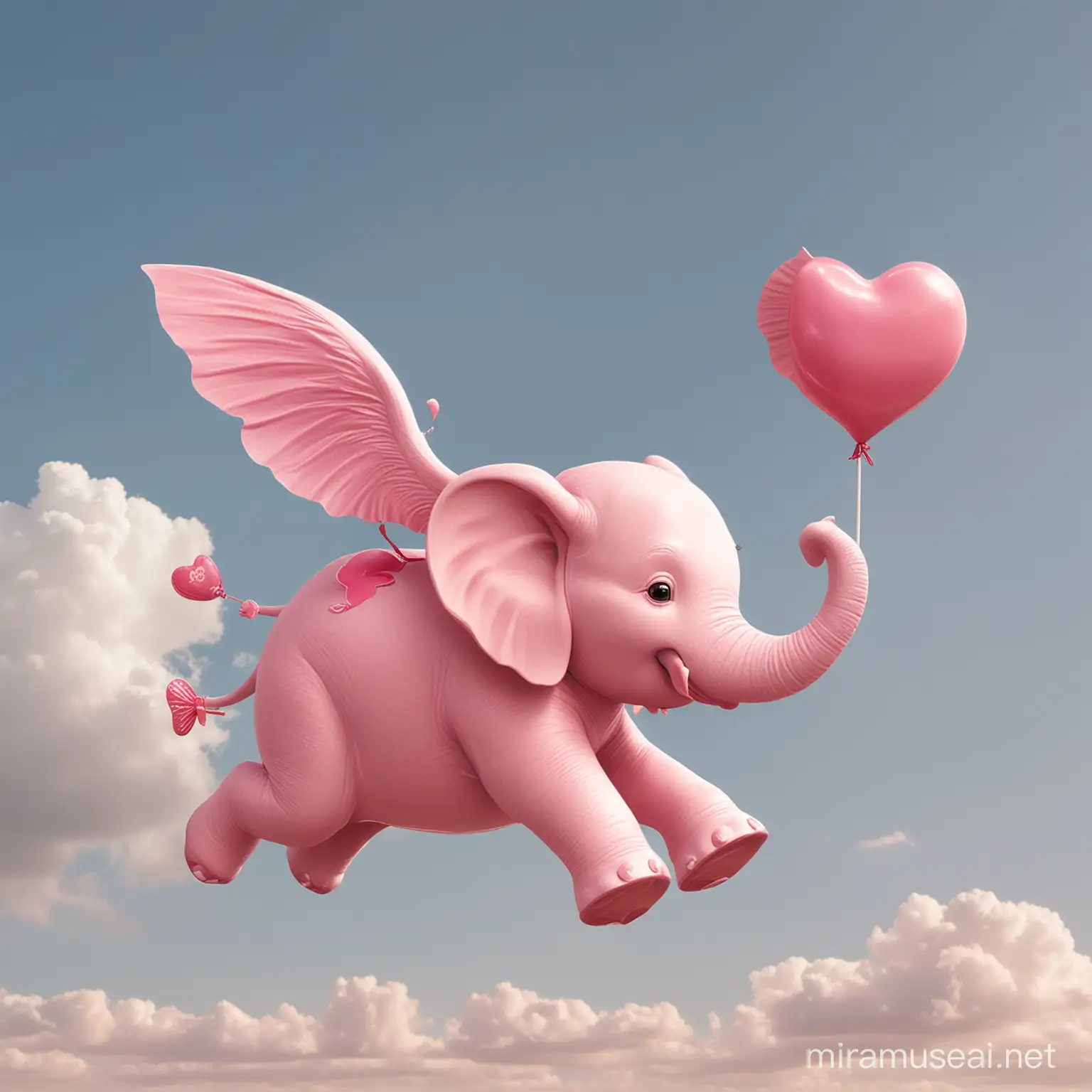 elefante rosa volando, con un niño sobre el que lleva una piruleta en forma de corazon