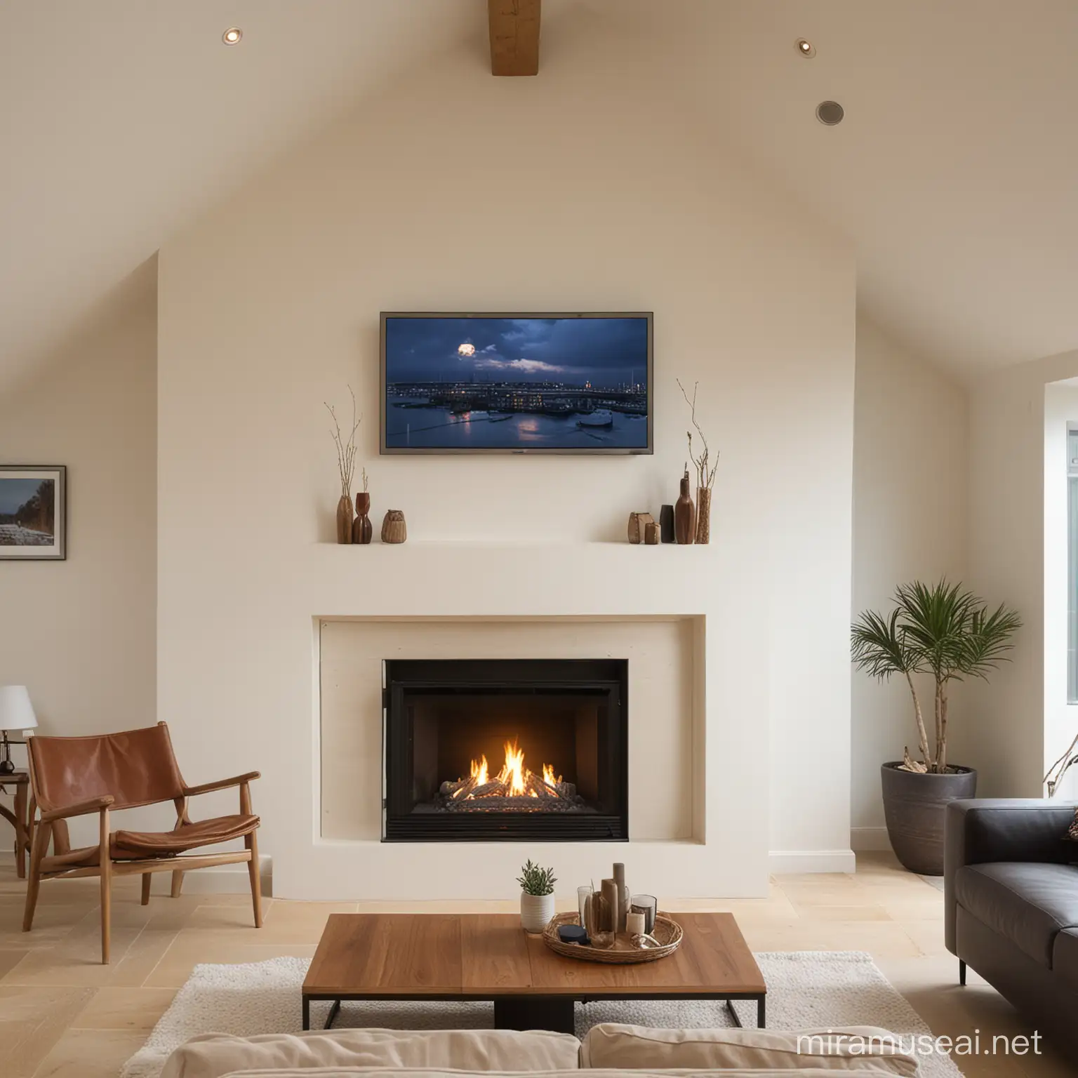 Tv above glass fire with inbuilt unit on a vaulted wall