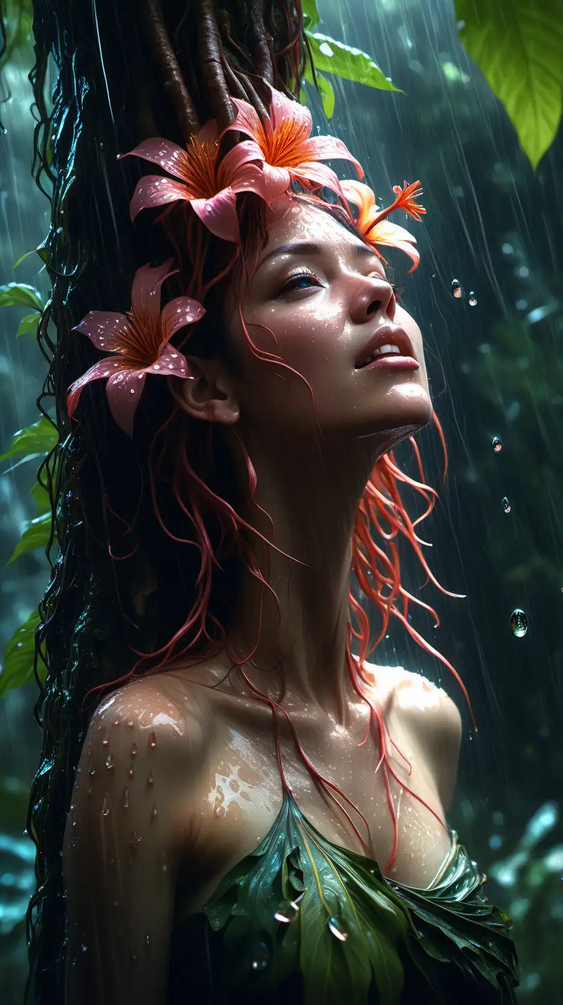 "A raining scenery where a tiny tree spirit is hiding UNDER A HUGE FLOWER PETAL, soaking wet, looking up the rain drops, in a rainforest, her hair is connected to the roots of the tree, water dazzling with light and subtle nuances. Dreamlike Fantasy Art, Carne griffiths, lou xaz, artstation, Dynamic Lighting, hyperdetailed painting CGSociety ZBrush Central, beautiful, delicate, intricate, elegant, graceful, shiny, Hyperrealism, fantasy hyperdetailed, water dazzling with light and subtle nuances. Close-up photograph details accentuated with a macro lens, revealing the texture and color nuances --ar 16:9 --style raw --v 6.0 