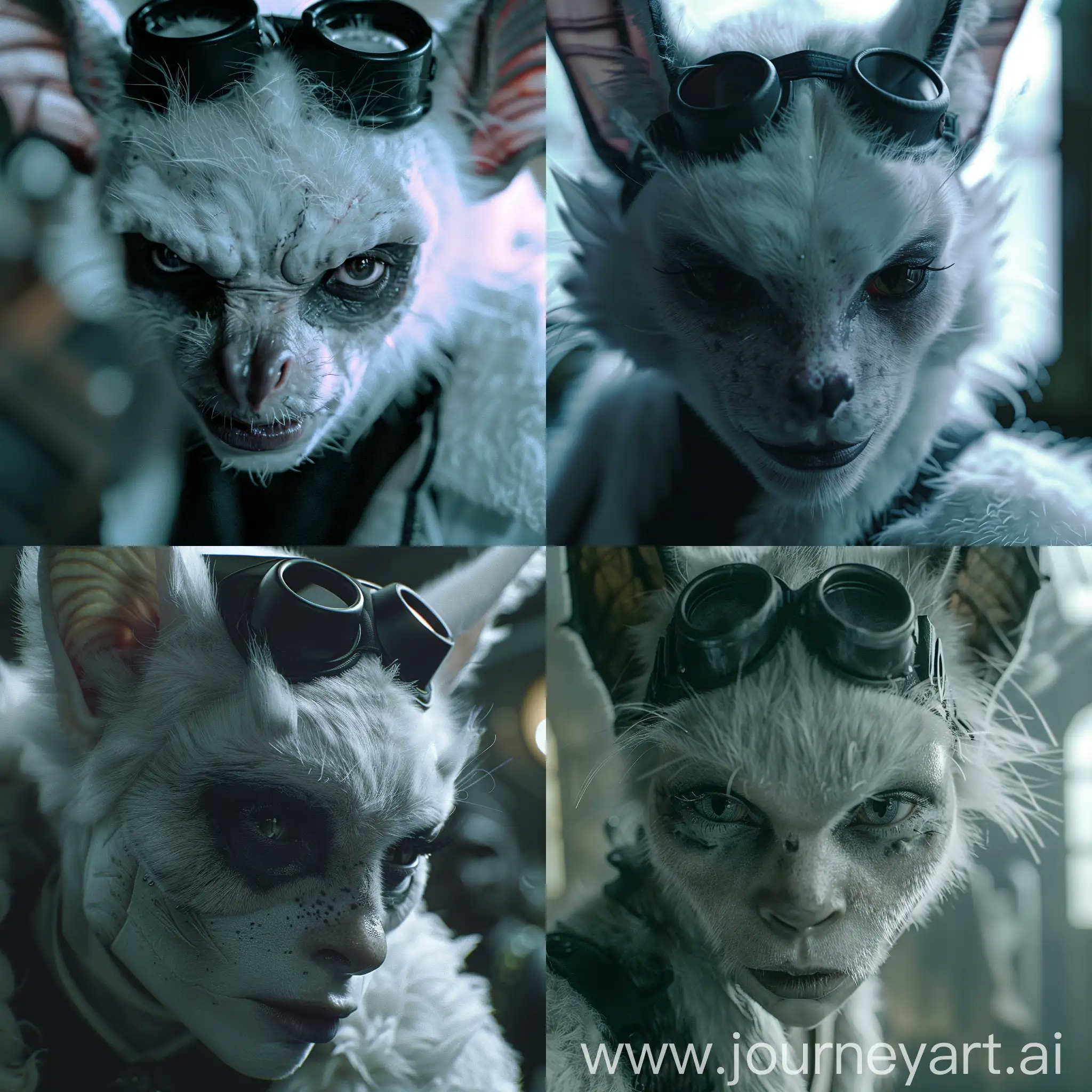 A dramatic close-up of a female anthropomorphic bat's face, mysterious expression, detailed white fur, subtle makeup, black goggles on her forehead, in a dimly lit environment. Created Using: portrait photography style, soft focus background, moody lighting, detailed fur and costume textures, live-action film quality, cinematic depth of field, intense eye contact --ar 1:1 --v 6
