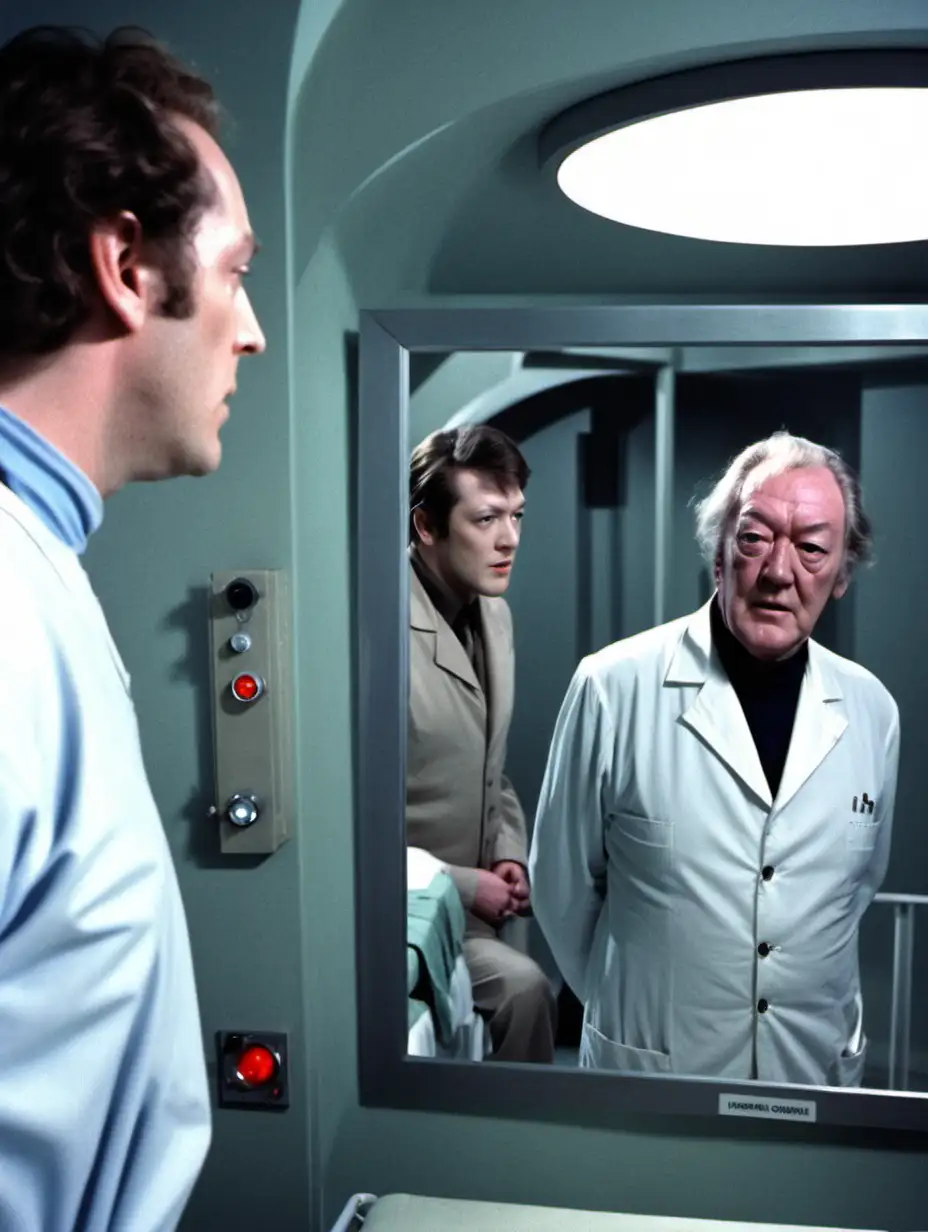 a young handsome man in an underground room looks into a mirror and sees the reflection of Michael Gambon looking back at him. behind him is a hospital bed and some space age machinery.