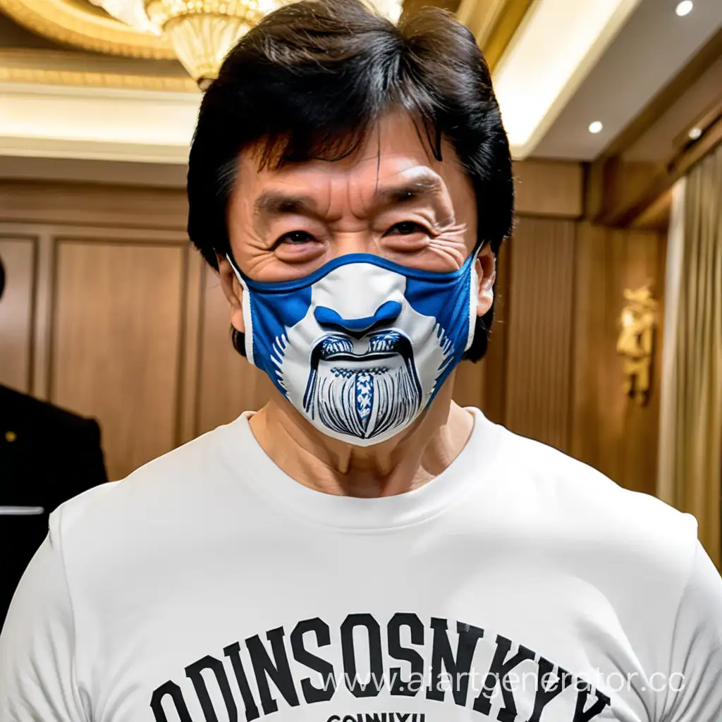 Jackie Chan wearing a mask and a T-shirt with the inscription "odinsonskiy"