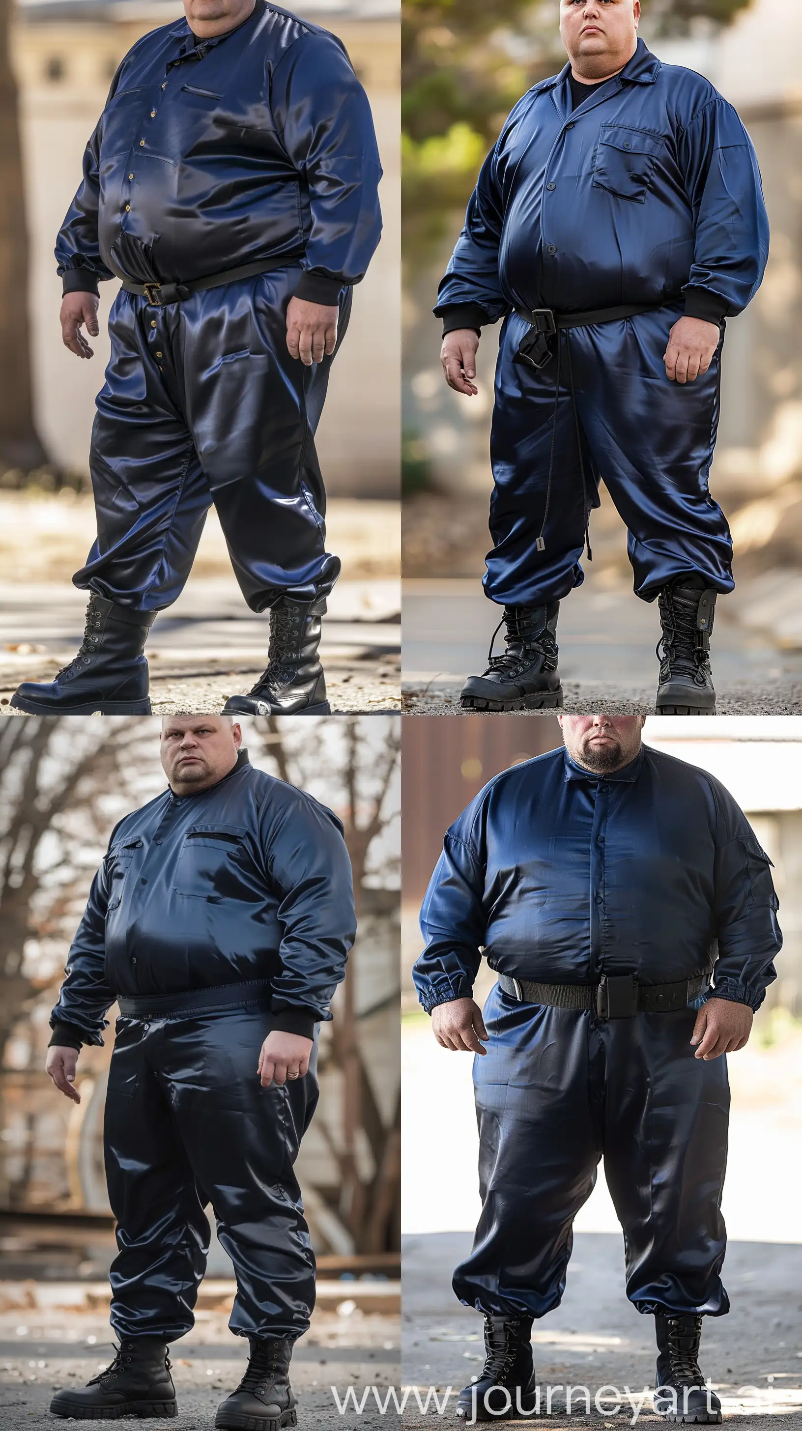 Close-up full body front view photo of a fat man aged 60. The man is wearing extremely slim silk navy battle coverall tucked in black tactical boots. Black tactical belt. Standing. Outside. Bald. Clean Shaven. Natural light. --ar 9:16