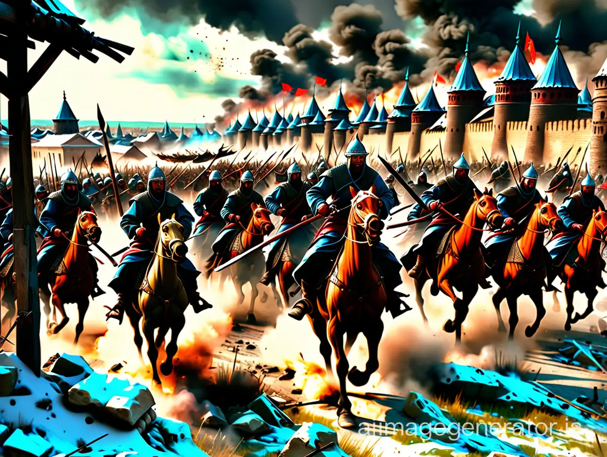 Небольшое войско татаро-монгол нападает на Русский город в 13 веке, атмосфера Руси 13 века, картинка как в учебнике истории, сочная картинка, 16K HDR, хорошо прорисованный