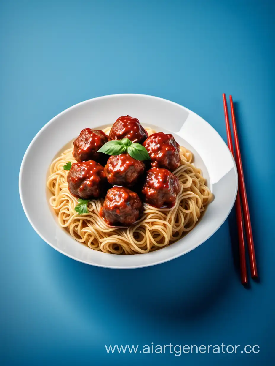 noodles with meatballs, in a deep white plate, lying on a blue background