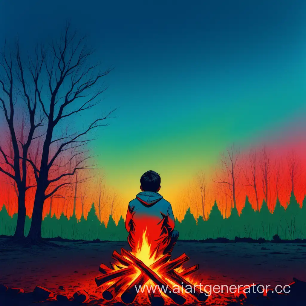 The boy sits by the bonfire, surrounded by blue-green sky, trees with a red-yellow gradient.