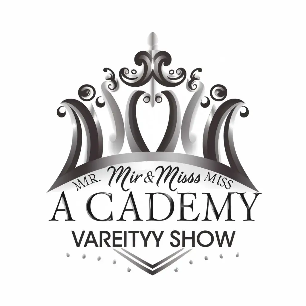 logo, WHITE AND SILVER PEOPLE AS CROWN WITH WHITE BACKGROUND, with the text "MR AND MISS ACADEMY VARIETY SHOW", typography, be used in Events industry