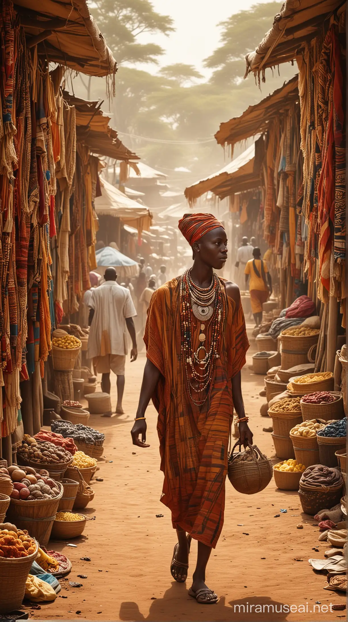 Generate an image capturing the lively atmosphere of an African marketplace, showcasing the rich tapestry of cultures and values in ancient Africa 