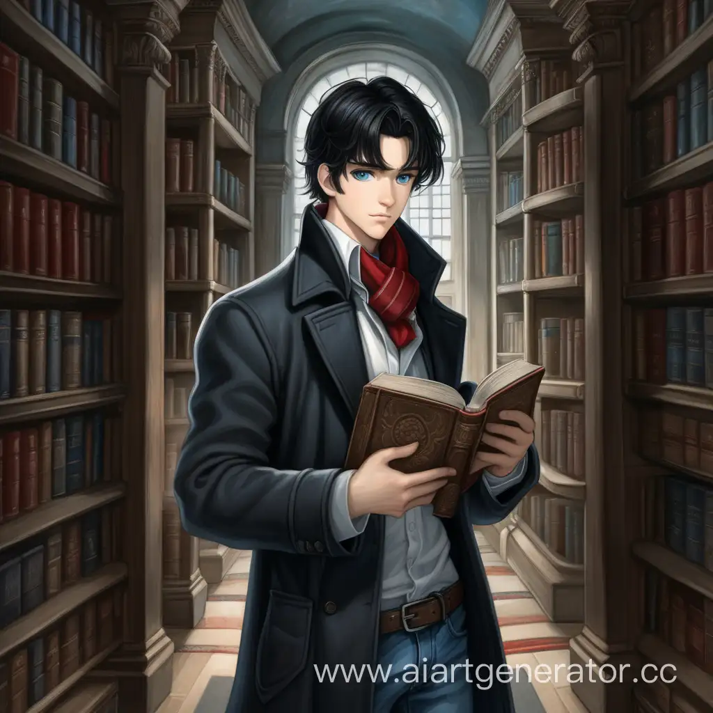 Невысокий молодой парень, с чёрными волосами, серо голубыми глазами, одетый в чёрный плащ, в белую рубашку, в сине джинсы, в красный шарф. Держит в руке книгу. Стоит посреди старинных книжных полок в библиотеке, мрачная атмосфера
