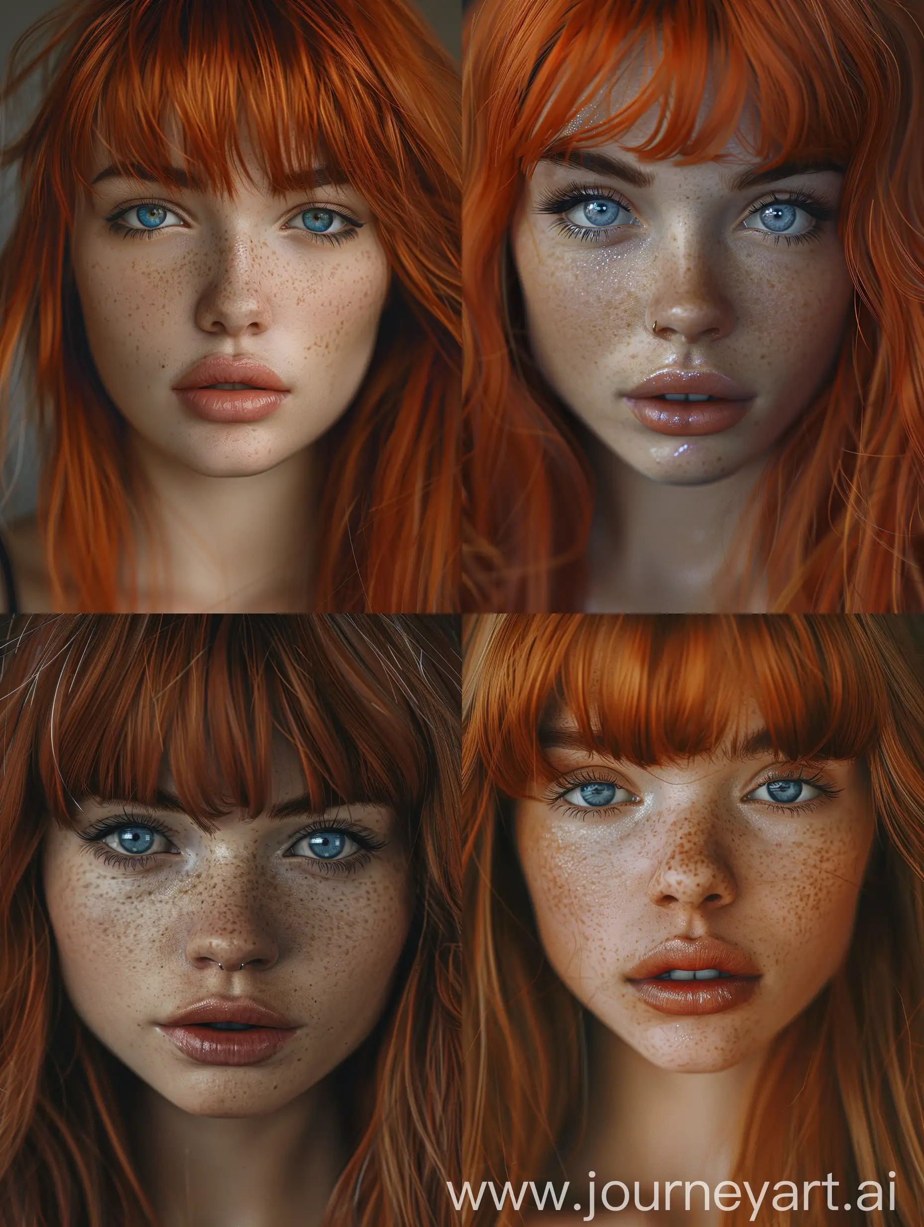 A beautiful 20 yr old girl in the style of sterling silver highlights, bright red hair, bangs, French ladies style haircut, blue eyes, hooded eyes, turnt up nose, full lips, staring into the camera, full-body, no animated image, realistic portrait, 8k, 
