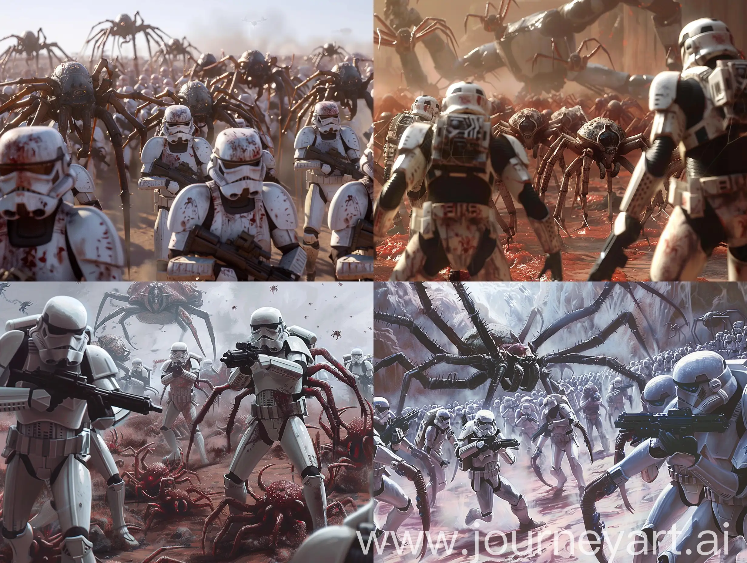 crowd of arachnoids against star troopers, battlefield,