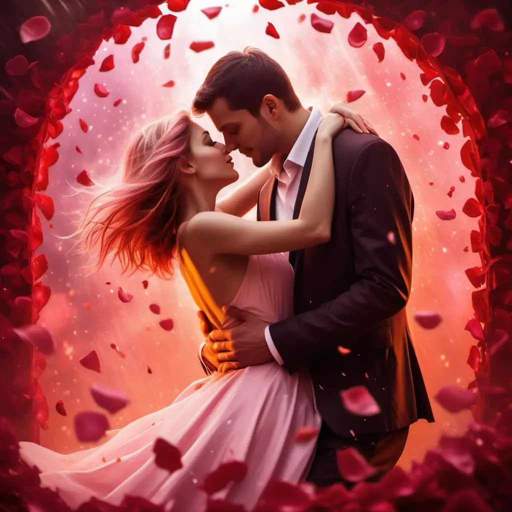 Ein Liebespaar, das sich umarmt. Fantasiehintergrund mit den Farbtönen rosa, orange, pink, rot. Rote Rosenblätter wehen um das Paar herum.