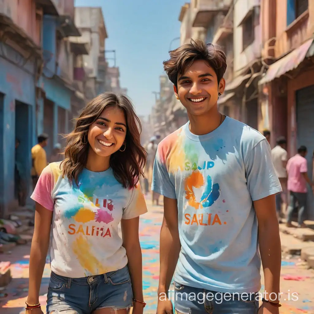 A 20-year-old Cute Couple playing Holi and celebrating India festival Holi with background of blue sky in Indian Street, and boy’ wearing Colorful t shirt with name "Salfia"