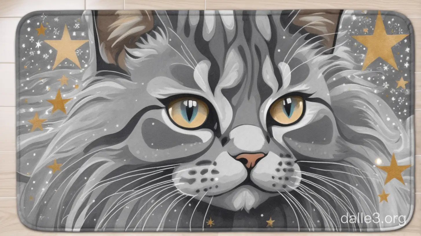 дизайн серого коврика в ванну с добавлением бежевого, абстракция, фон в стиле гранит, в углу абстрактная кошка с глазами звездами