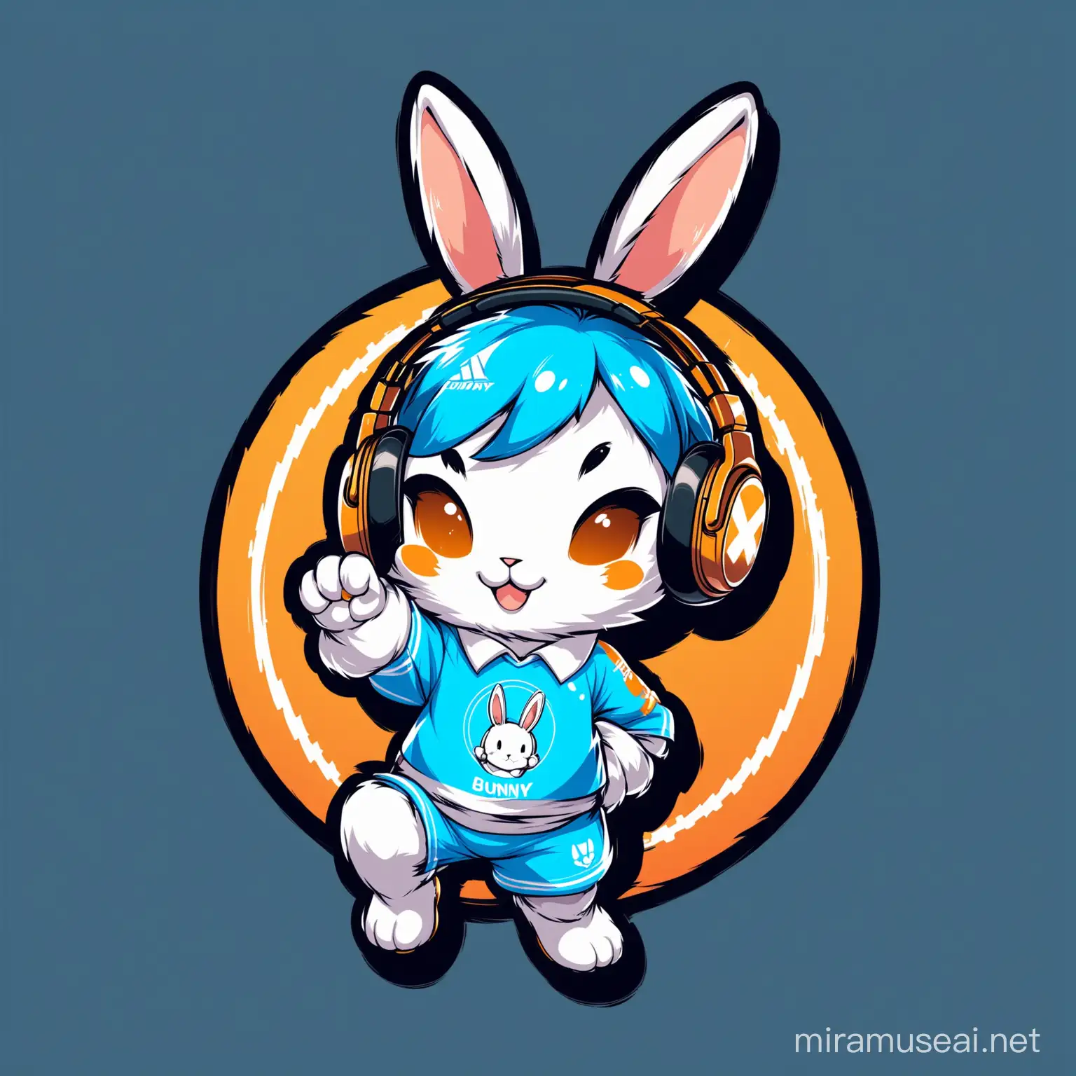 logo, bunny, mascot, sport, have full body, wear headphone, caster