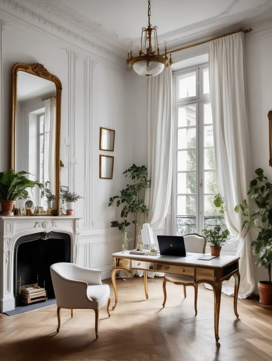 white wall and ceiling, parisian interior with windows, parquet light herringbone, white chair with minimalistic work desk in the middle of the room, many plants, brass vintage handles on the window, brass mirror over  white french fireplace, light flowing curtains