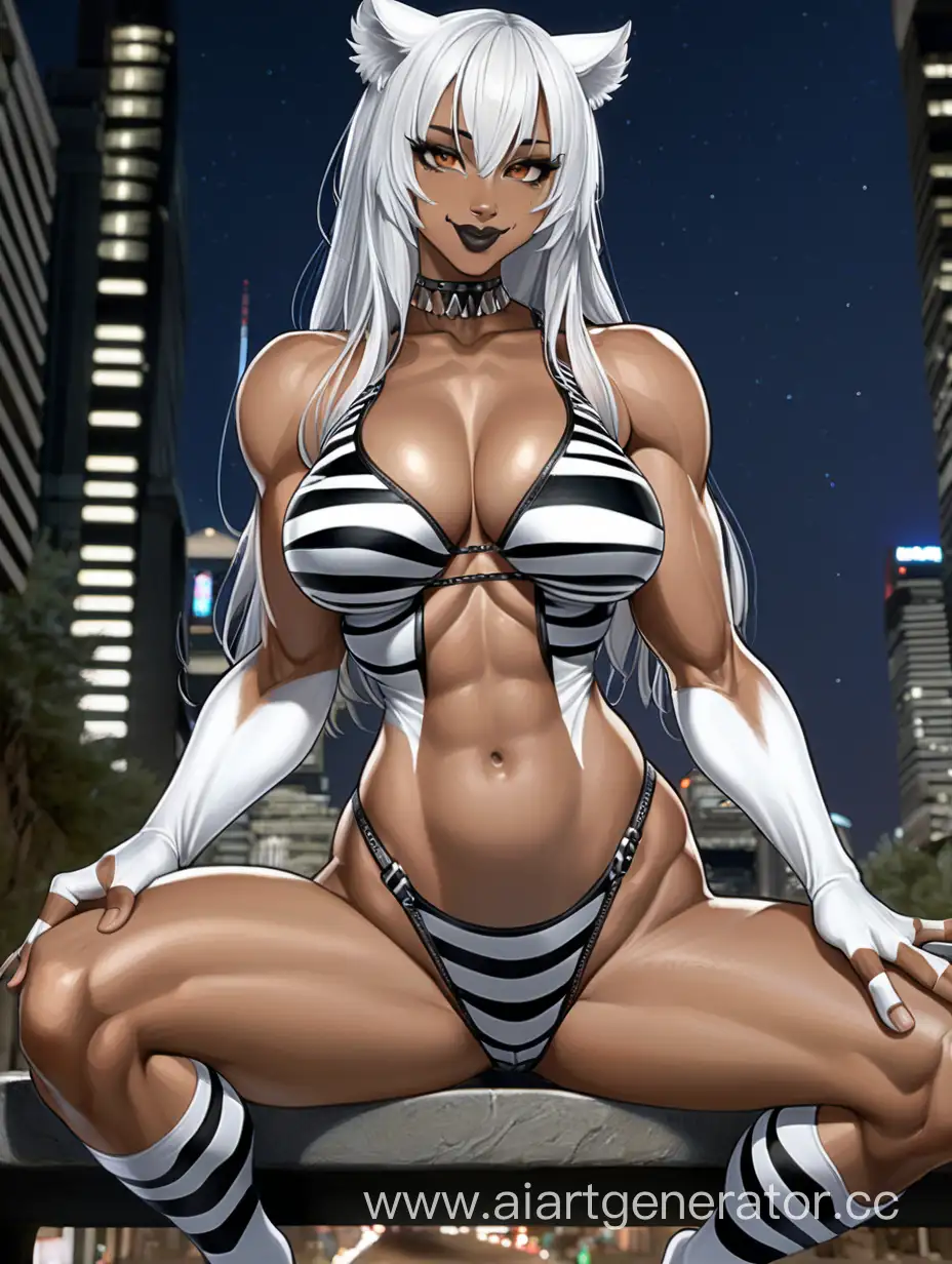 Night City, Sitting down on a bench, 1 Person, Women, Beastwomen, Tiger Ears, White Hair, Black Striped Hair, Long Hair, Spiky Hairstly, Dark Ebony Brown Skin, White Tiger Stripes on Bodysuit, Black Bodysuit, Black full bodysuit, ( Perfect hands)( five finger ) Choker, Black Lipstick, Seriuos Smile, Brown Eyes, Sharp Eyes, Tall Body, Massive Breasts, Muscular Detailed Arms, Muscular Legs, Well-toned Body, Muscular Body, Well-toned Abs, Hard Abs, Detailed Abs,  Tiger Stripes, Showing bare feet, 