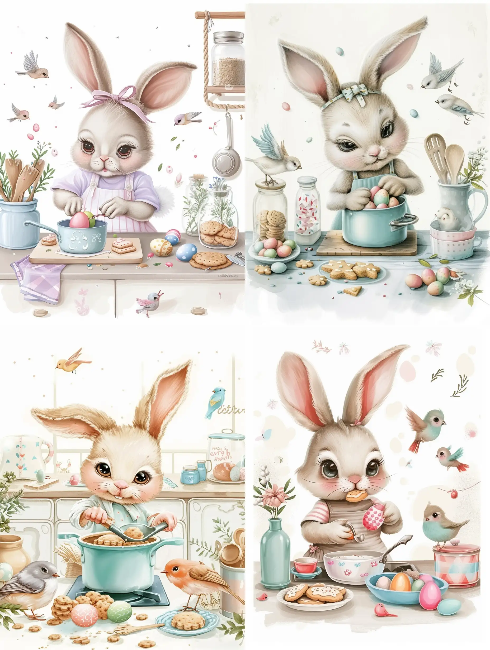 Adorable 2d illustration for a nursery poster of cute baby bunny in the kitchen cooking easter eggs and cookies, cute birds playing around, colorful, pastel colors, white background