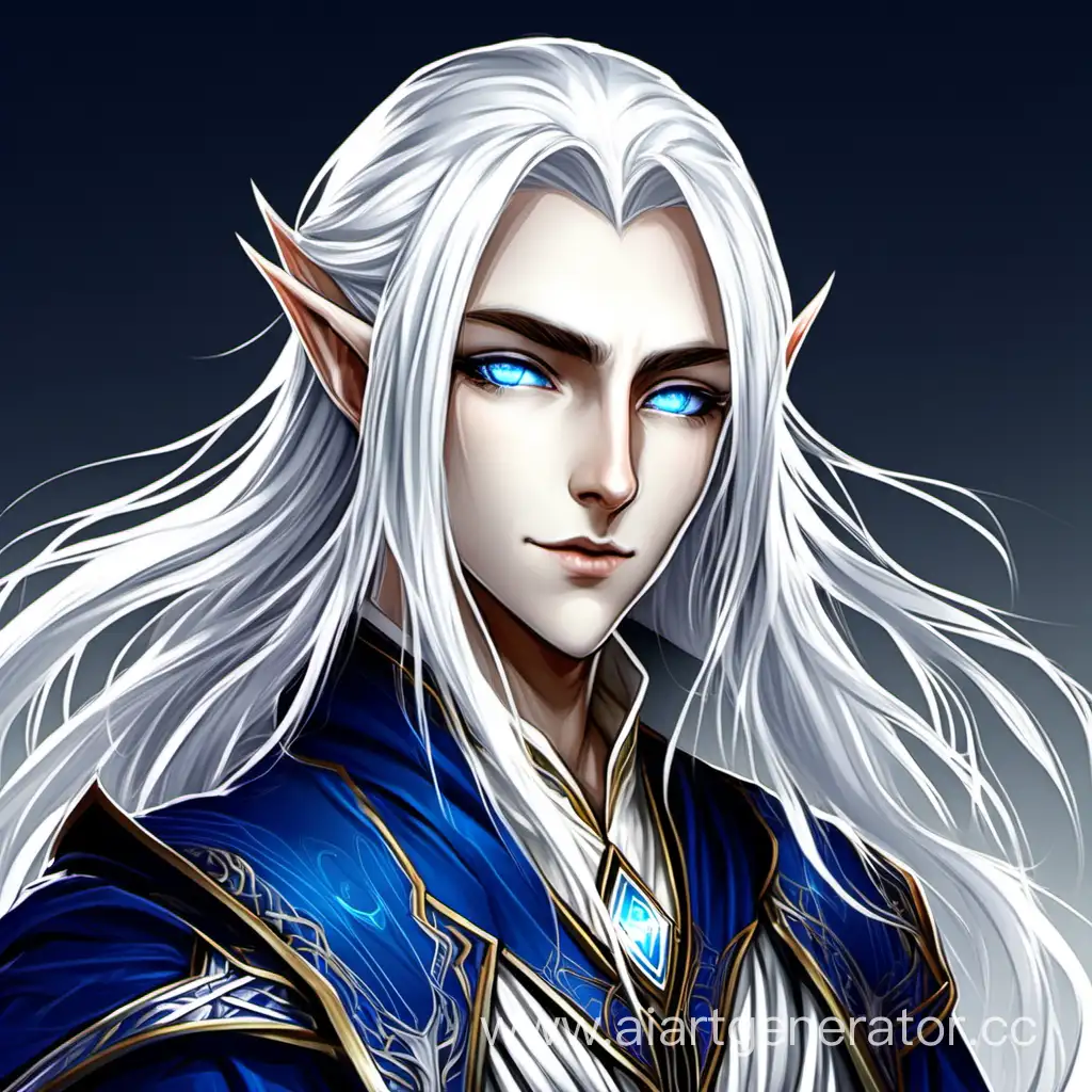 Высший эльф, голубые глаза, волосы средней длины, белые волосы, волшебник