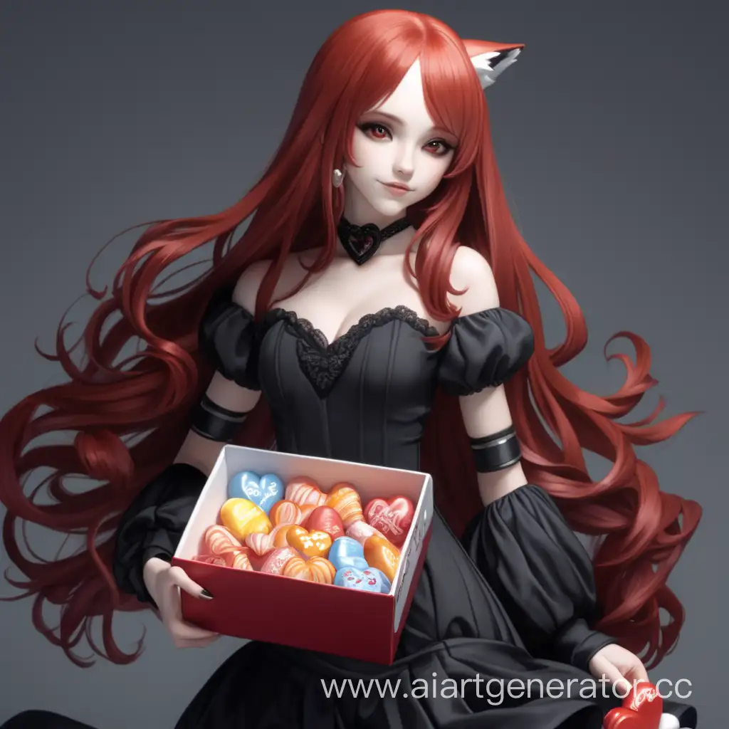Девушка лиса с красными длинными волосами,в черном сексуальном платье и у нее в руках коробка конфет в виде сердца