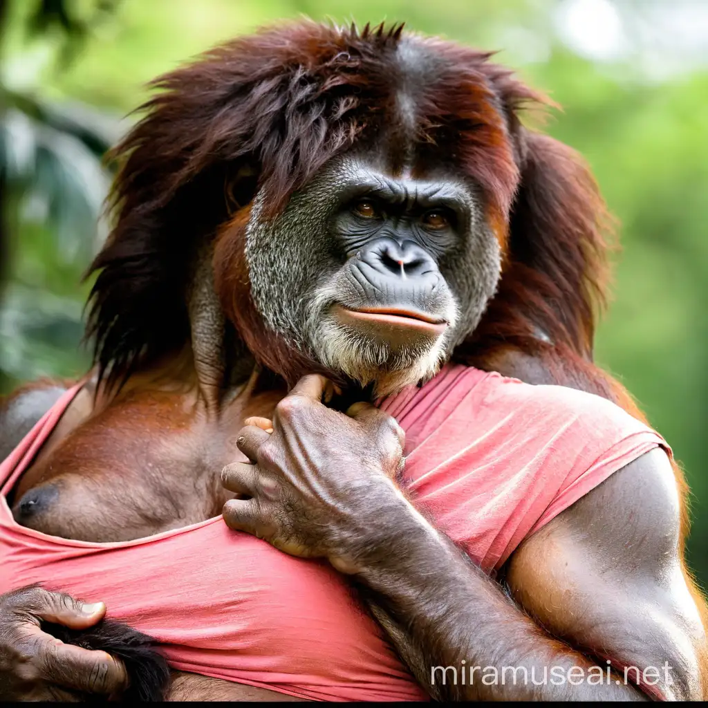 A very hairy woman transform to wereorangutan showing the very hairy female body with brown skin and sweaty hairy female boobs and hairy brown orangutan faces and long hair