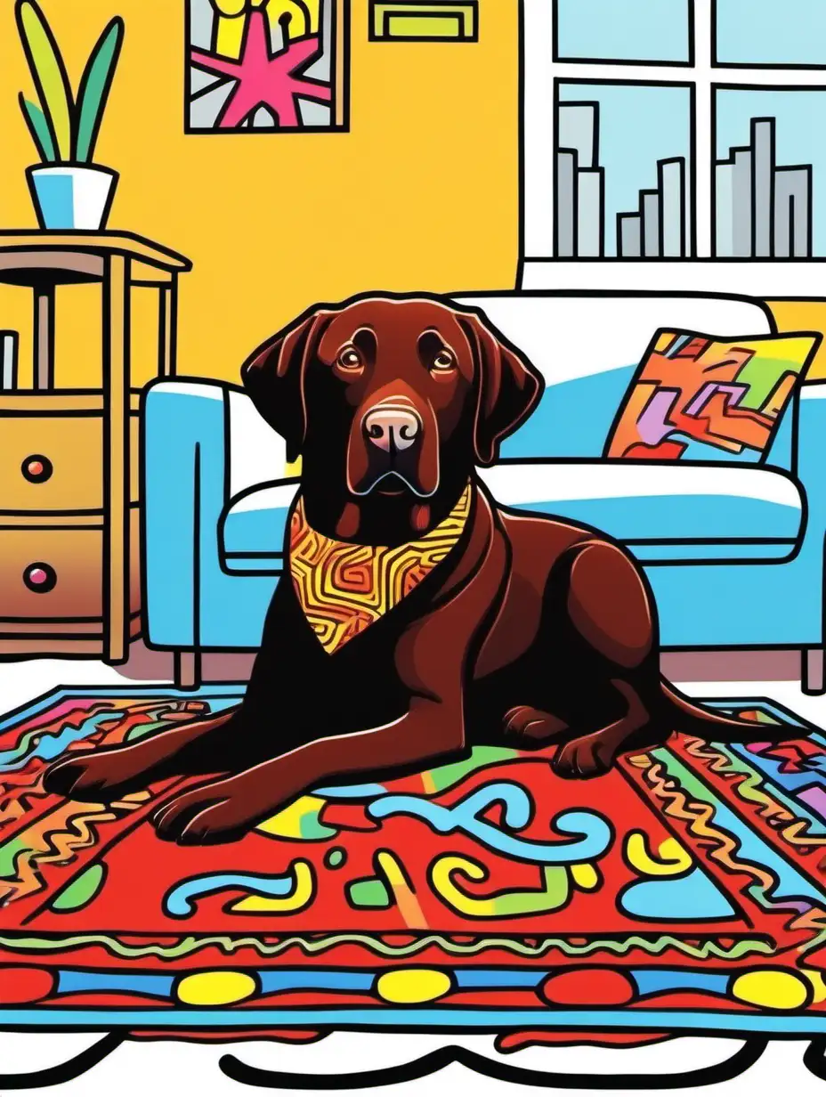 a cartoon character chocolate labrador retriever laying on a rug, in a cozy living room, vibrant color, white background, in a combination style of Keith Haring and Peter Max