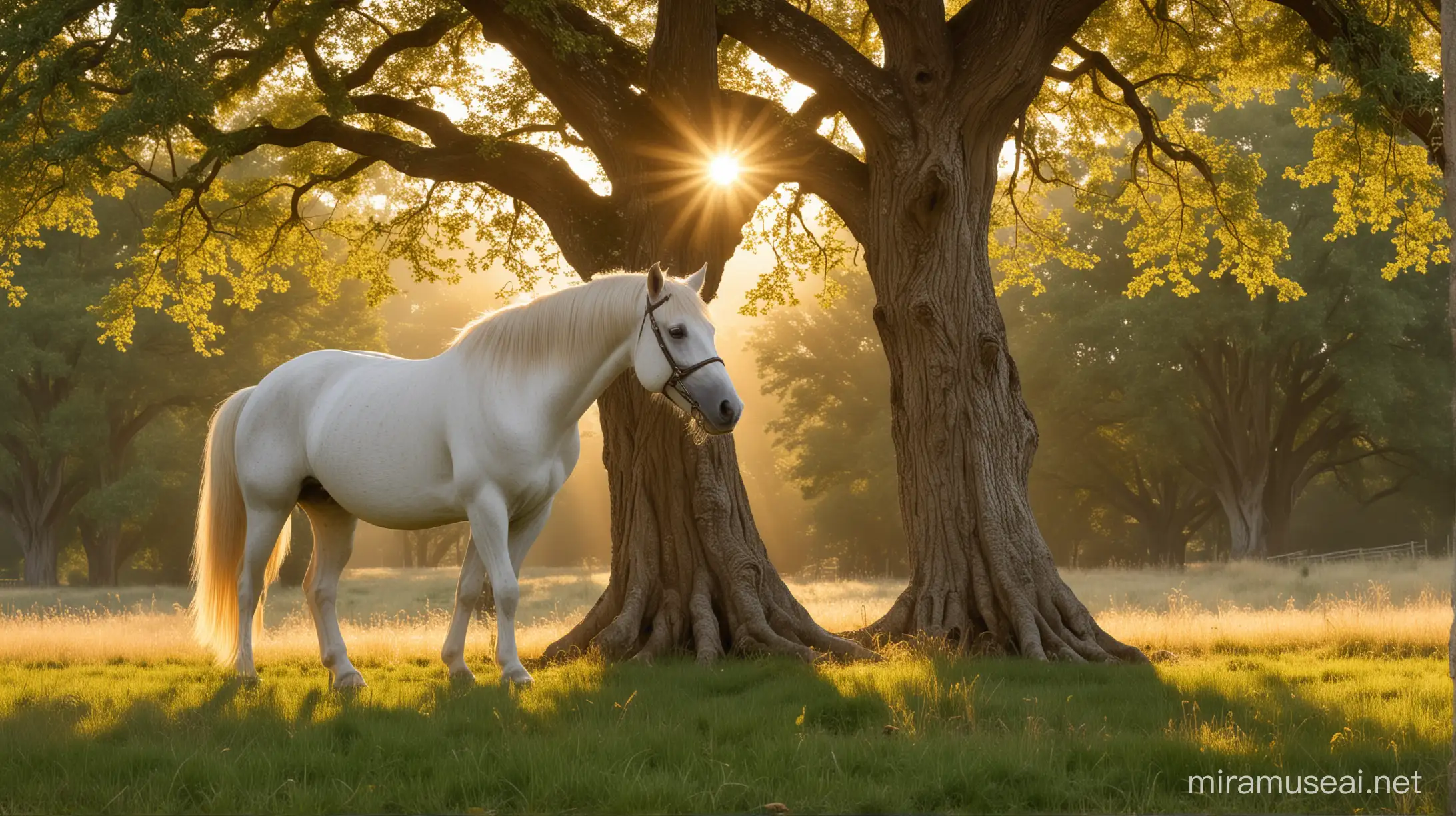 The sun hung low in the sky, casting a warm golden glow over the meadow as Jack wandered through the fields. His eyes lit up with excitement as he spotted a magnificent white horse grazing peacefully under the shade of an old oak tree. With cautious steps, Jack approached, marveling at the horse's beauty.