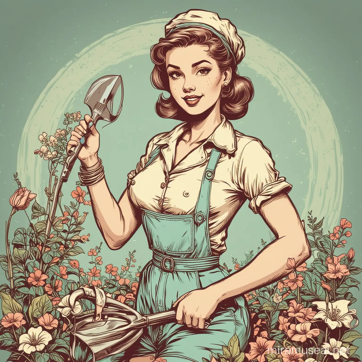 retro groovy pinup gardener girl vector lineart