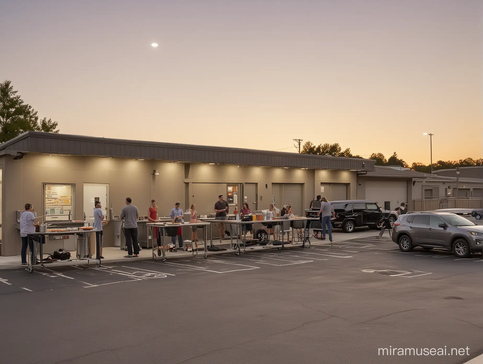 4 groups of 4 people are standing around high tables enjoying food. one barbeque grill can be seen. the location is a parking lot in front of a 1-story small car maintenance garage. the time is around sunset in the summer. a car is parked in front of the garage