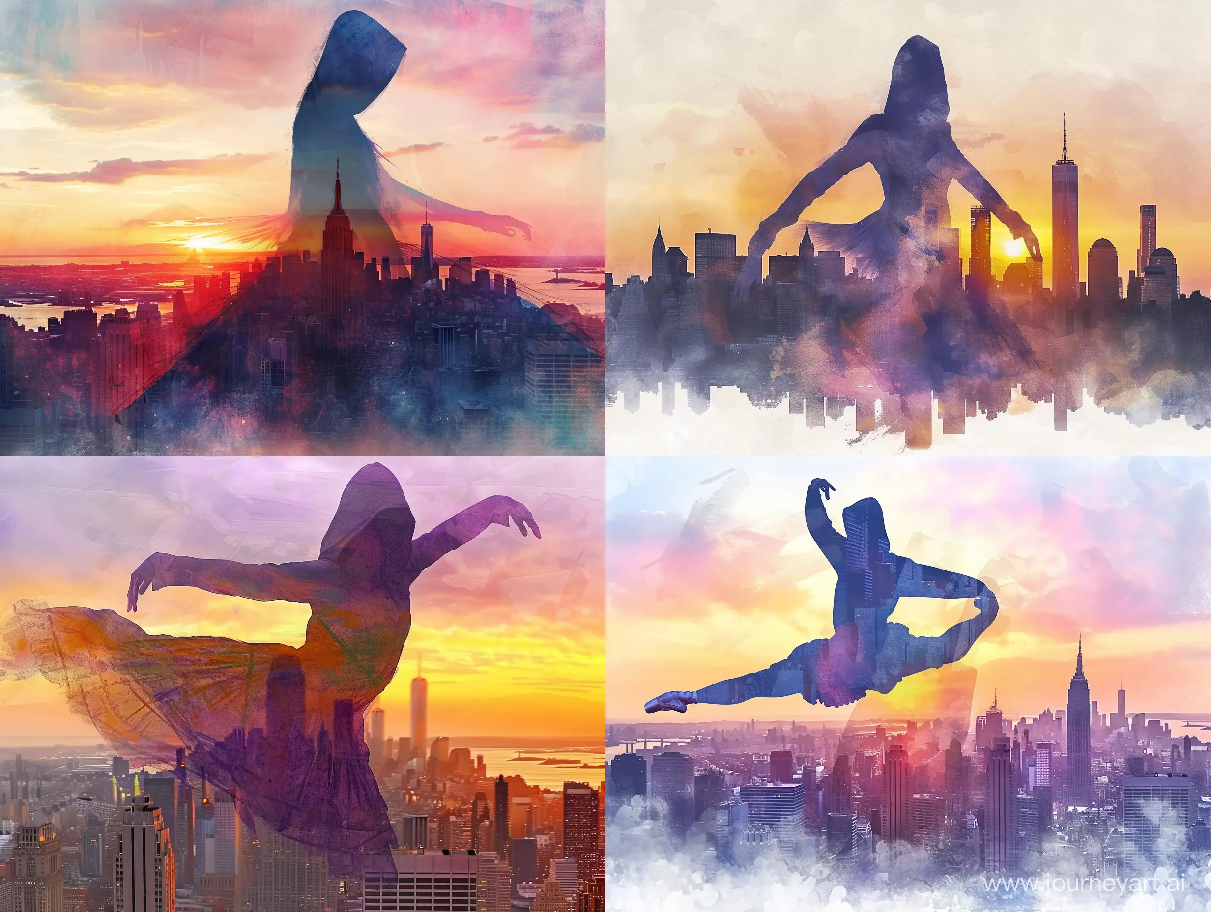 illustration of a hooded ballerina superimposed of NYC skyline sunset, reimagined by Kit Williams, Minjae Lee, Ana Paula Hoppe, Stylized watercolor art, Intricate, Complex contrast, HDR, Sharp, soft Volumetric lighting, pastel colours, wide long shot, perfect masterpiece