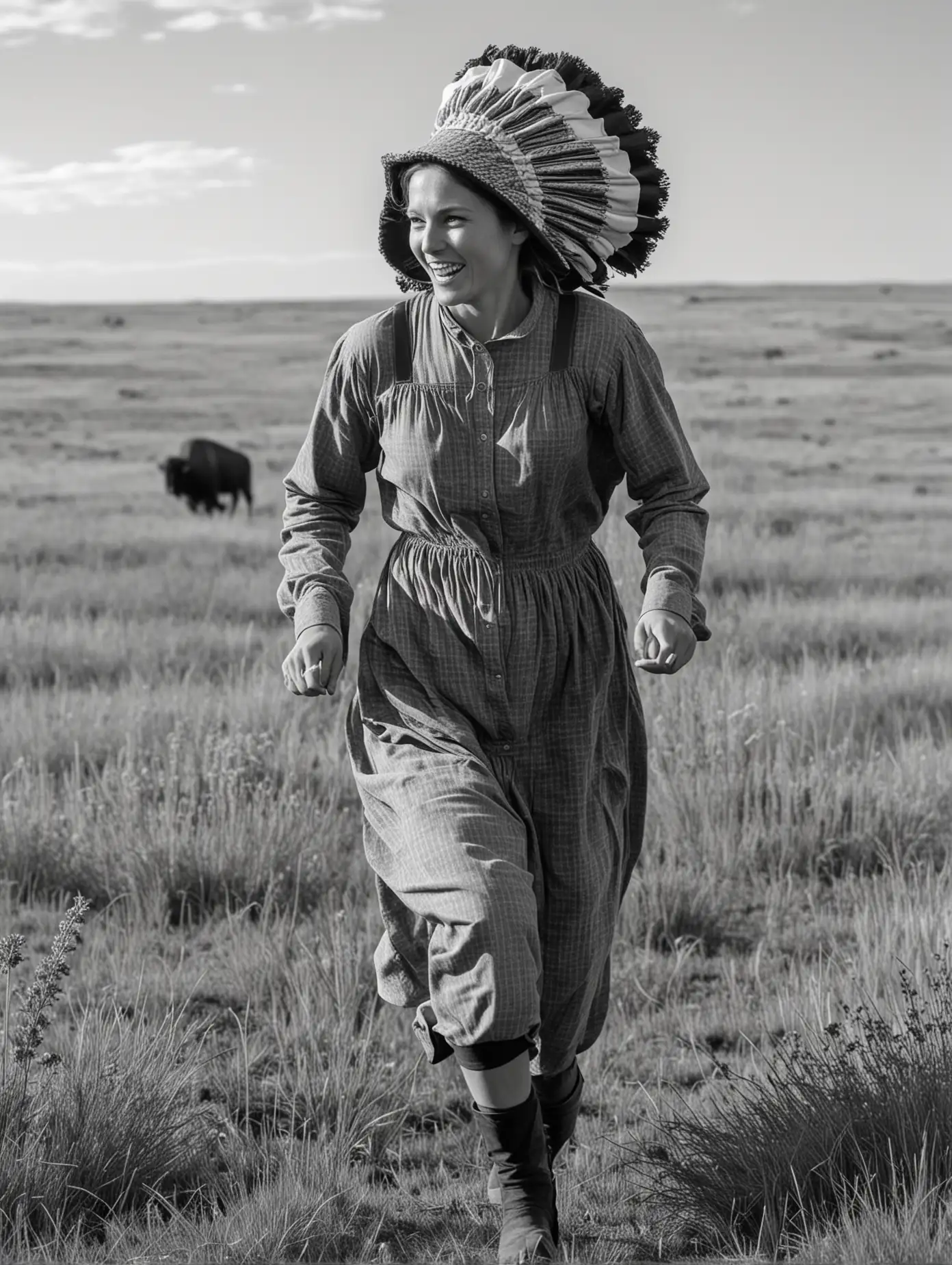 A woman runs through the prairie. She is a pioneer and wears a bonnet. There are buffalo in the background. she is seen from the side. In black and white. 