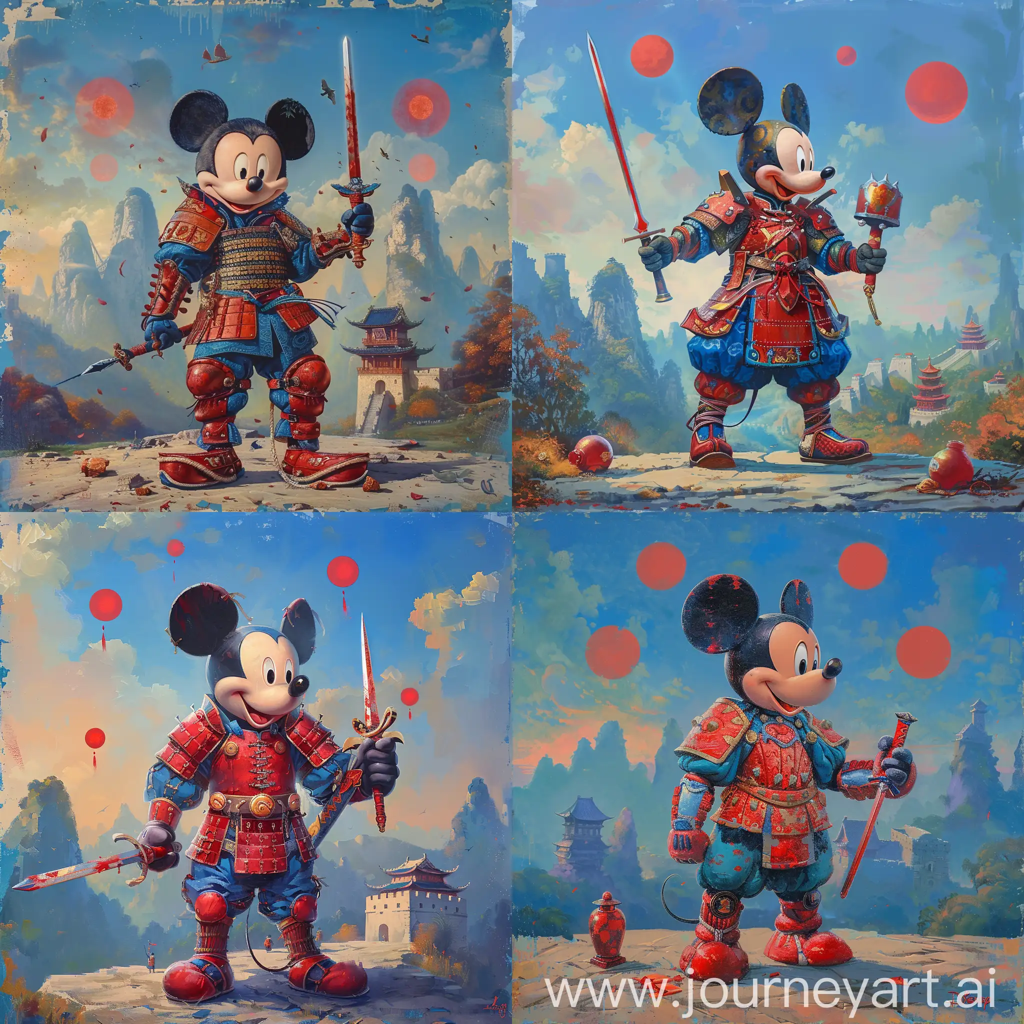 Historic painting style:

a cute Disney Mickey Mouse, it wears red and blue color Chinese style medieval armor and boots,

it holds a Chinese sword in right hand, 

Chinese Guilin mountains and castle as background, three small red suns in blue sky.