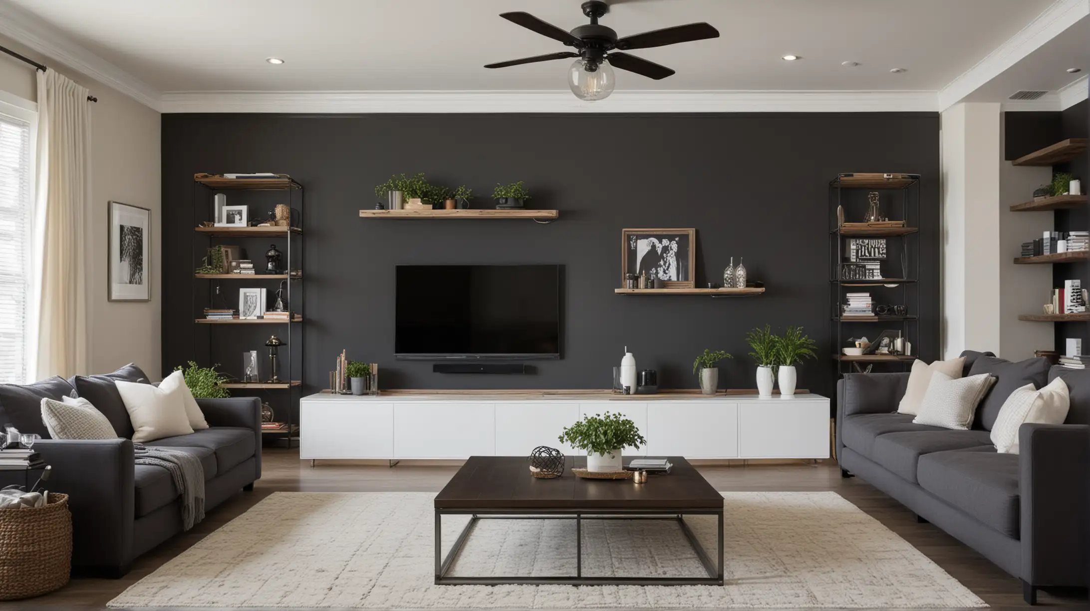 A large living room that has light painted walls, wood floors, white metal pipe and light wood for shelving, an white area rug. Dark wood, dark paint. Flat TV on the wall, small table with a lamp, couch. cream, white, black, gray 



