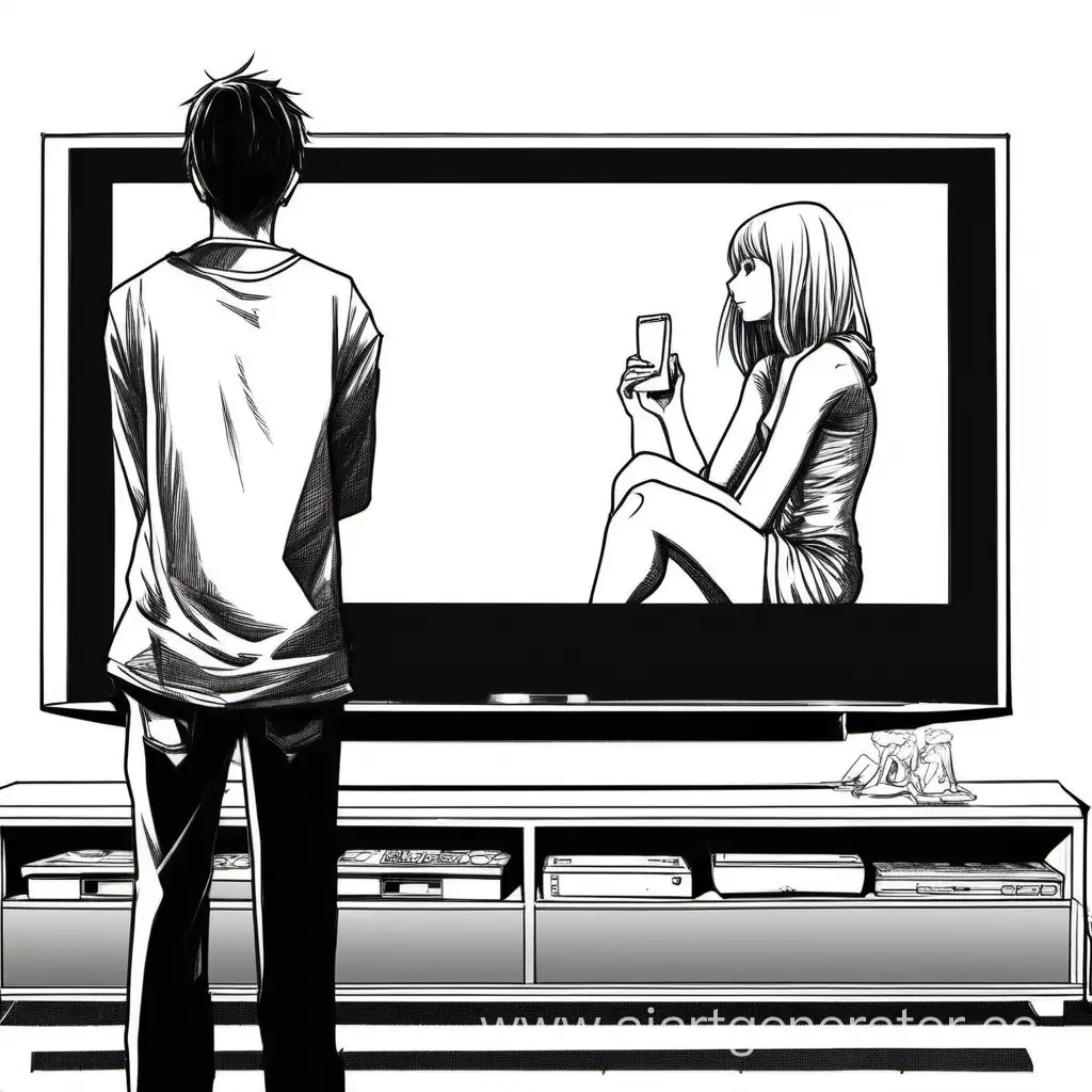 This is a reference drawing for drawing in manga style, with realistic proportions. It shows a guy and a girl watching a movie on a plasma TV. The figure shows only the outline of the figure. There are no clothes, no hair, no eyes in the drawing, just blanks in the form of a pose