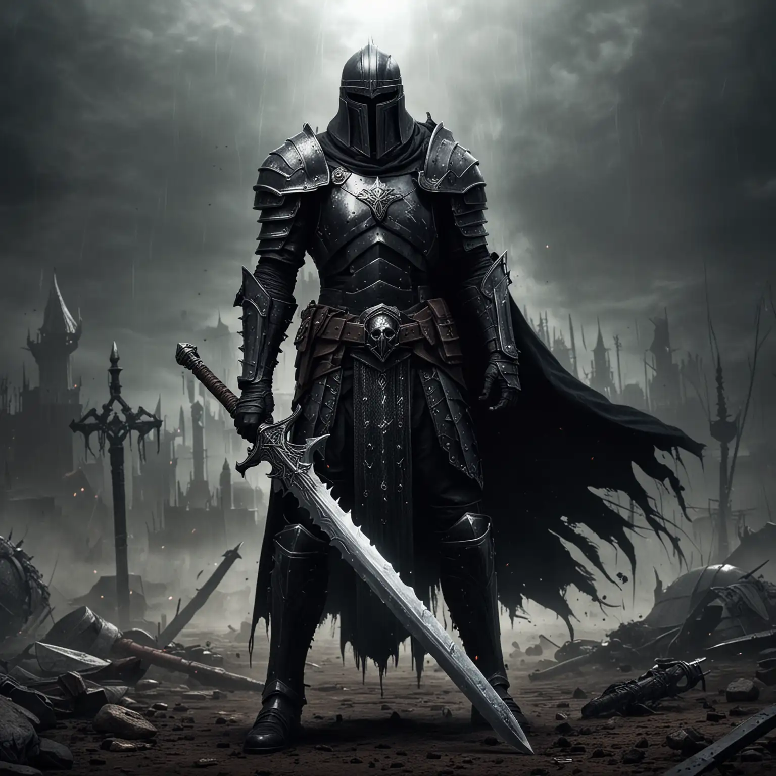 dark, gothic, general, big,  armoured, big sword, dark helmet, battleground