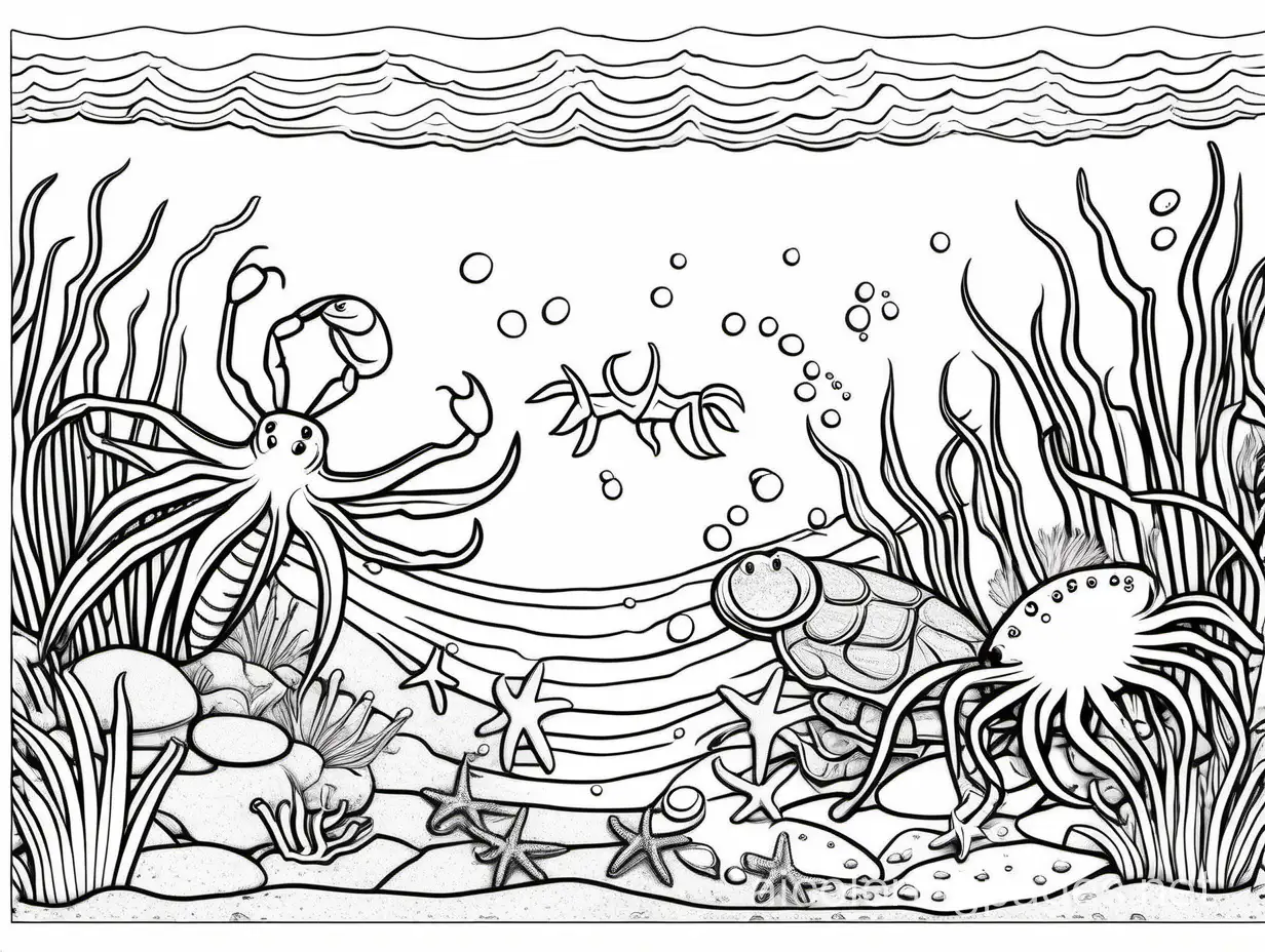 crabs, starfish, clams living on the ocean floor, mermaid swimming
, Coloring Page, black and white, line art, white background, Simplicity, Ample White Space. The background of the coloring page is plain white to make it easy for young children to color within the lines. The outlines of all the subjects are easy to distinguish, making it simple for kids to color without too much difficulty